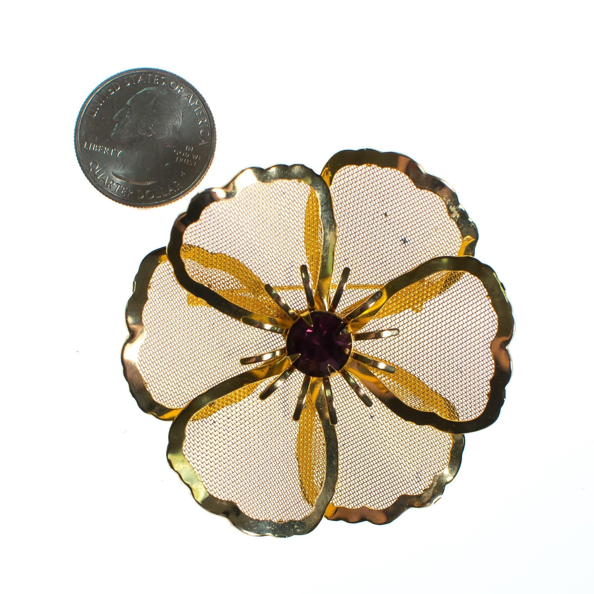 Vintage Mid Century Modern Large Gold Mesh Flower Brooch with Amethyst Crystal by 1960s - Vintage Meet Modern Vintage Jewelry - Chicago, Illinois - #oldhollywoodglamour #vintagemeetmodern #designervintage #jewelrybox #antiquejewelry #vintagejewelry