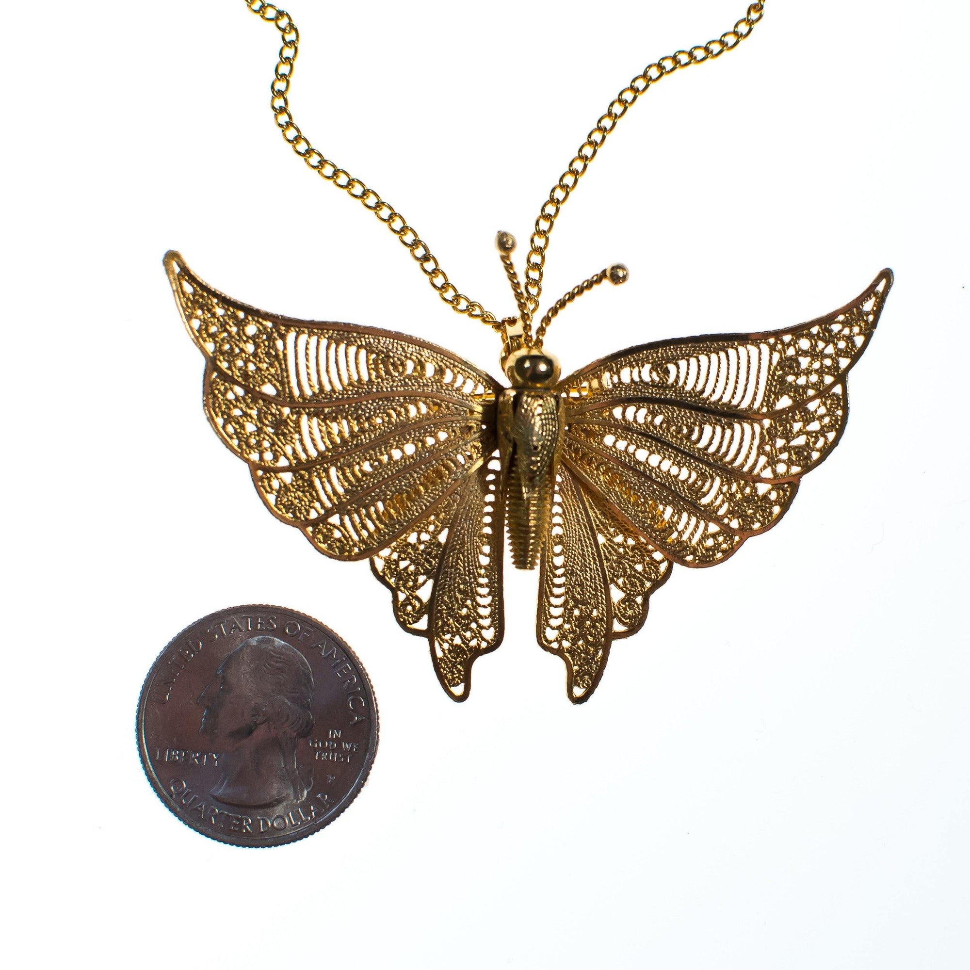 Vintage 1970s Gold Filigree Butterfly Statement Necklace, Pendant, Brooch, Gold Tone Setting, Brooches and Pins, Slide Lock Clasp by 1970s - Vintage Meet Modern Vintage Jewelry - Chicago, Illinois - #oldhollywoodglamour #vintagemeetmodern #designervintage #jewelrybox #antiquejewelry #vintagejewelry
