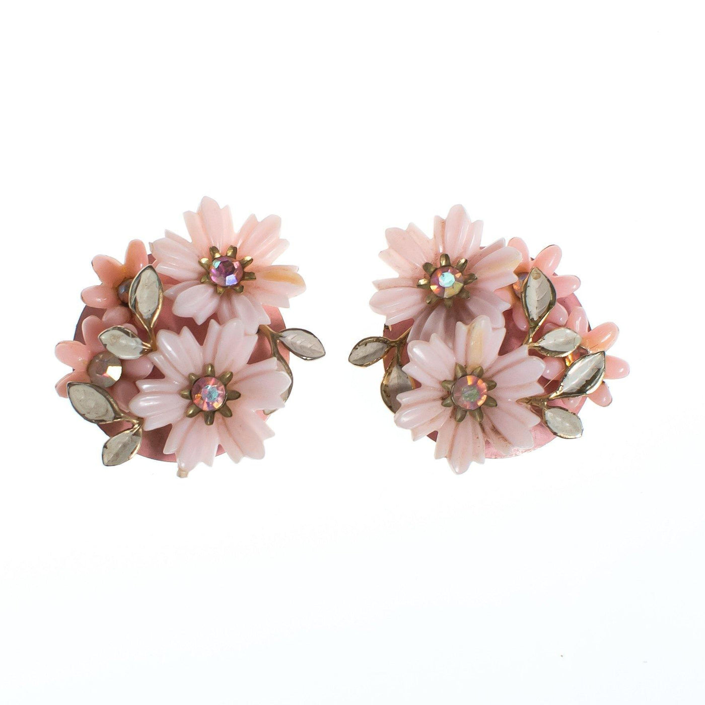 Vintage 1950s Coro Floral Lucite Earring, Pink Lucite Flowers, Aurora Borealis Rhinestones, Gold Tone Setting, Clip-on