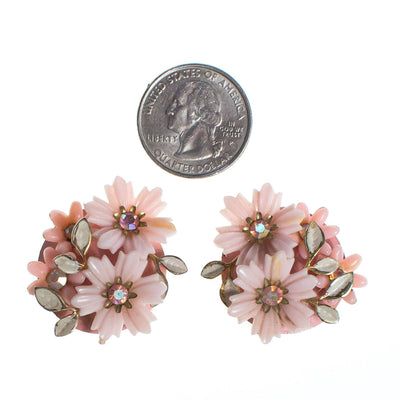 Vintage 1950s Coro Floral Lucite Earring, Pink Lucite Flowers, Aurora Borealis Rhinestones, Gold Tone Setting, Clip-on by 1950s - Vintage Meet Modern Vintage Jewelry - Chicago, Illinois - #oldhollywoodglamour #vintagemeetmodern #designervintage #jewelrybox #antiquejewelry #vintagejewelry