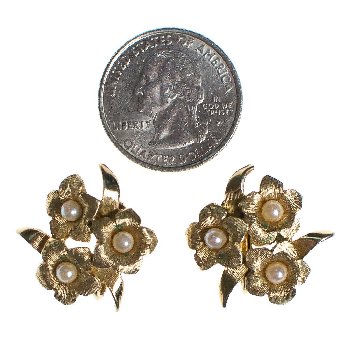 Vintage Boucher Gold Flower and Pearl Statement Earrings, Faux Pearls, Gold Tone Setting, Clip-on by Boucher - Vintage Meet Modern Vintage Jewelry - Chicago, Illinois - #oldhollywoodglamour #vintagemeetmodern #designervintage #jewelrybox #antiquejewelry #vintagejewelry