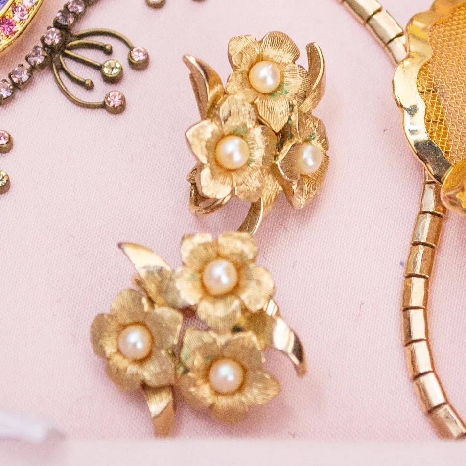 Vintage Boucher Gold Flower and Pearl Statement Earrings, Faux Pearls, Gold Tone Setting, Clip-on by Boucher - Vintage Meet Modern Vintage Jewelry - Chicago, Illinois - #oldhollywoodglamour #vintagemeetmodern #designervintage #jewelrybox #antiquejewelry #vintagejewelry