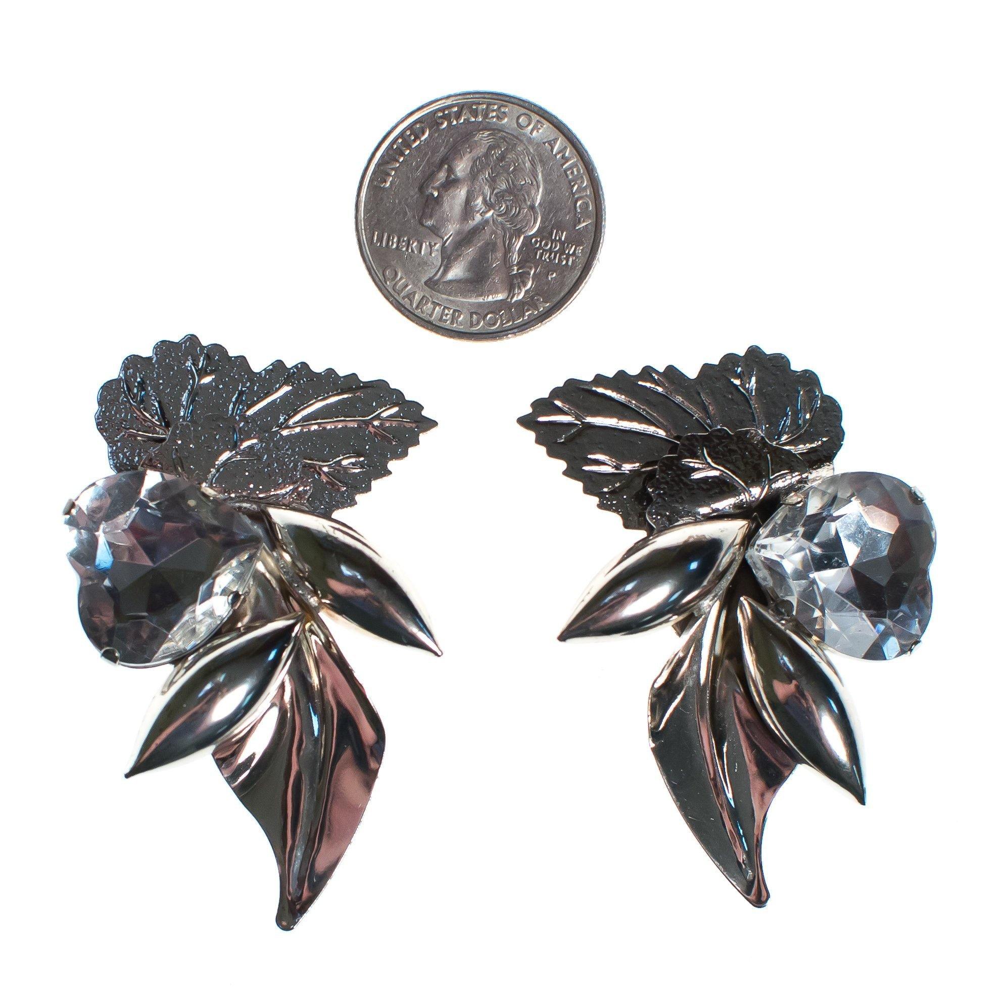 Vintage 1980s Glam Silver Statement Earrings with Crystal Heart by Unsigned - Vintage Meet Modern Vintage Jewelry - Chicago, Illinois - #oldhollywoodglamour #vintagemeetmodern #designervintage #jewelrybox #antiquejewelry #vintagejewelry