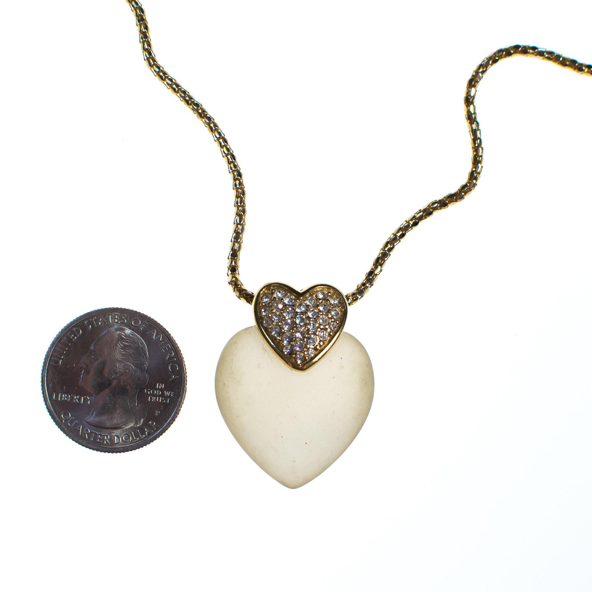 Vintage Swarovski Heart Necklace, Frosted Glass Heart, Diamante Crystals, Gold Tone Rope Necklace, Spring Ring Clasp by Vintage Swarovski - Vintage Meet Modern Vintage Jewelry - Chicago, Illinois - #oldhollywoodglamour #vintagemeetmodern #designervintage #jewelrybox #antiquejewelry #vintagejewelry