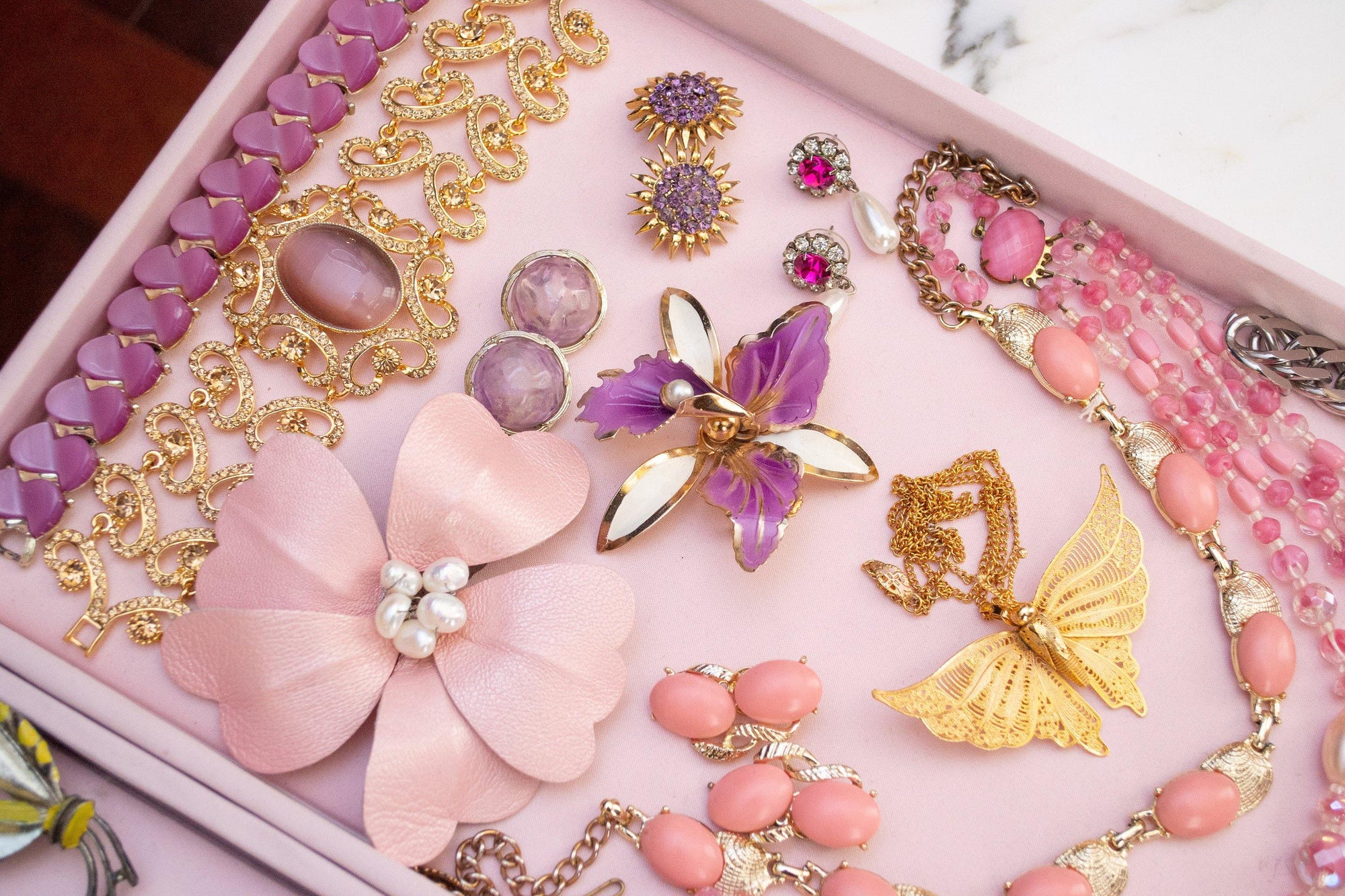 Vintage Blush Pink Lucite Thermoset Necklace, Gold Tone Setting, Fish Hook Clasp by 1950s - Vintage Meet Modern Vintage Jewelry - Chicago, Illinois - #oldhollywoodglamour #vintagemeetmodern #designervintage #jewelrybox #antiquejewelry #vintagejewelry