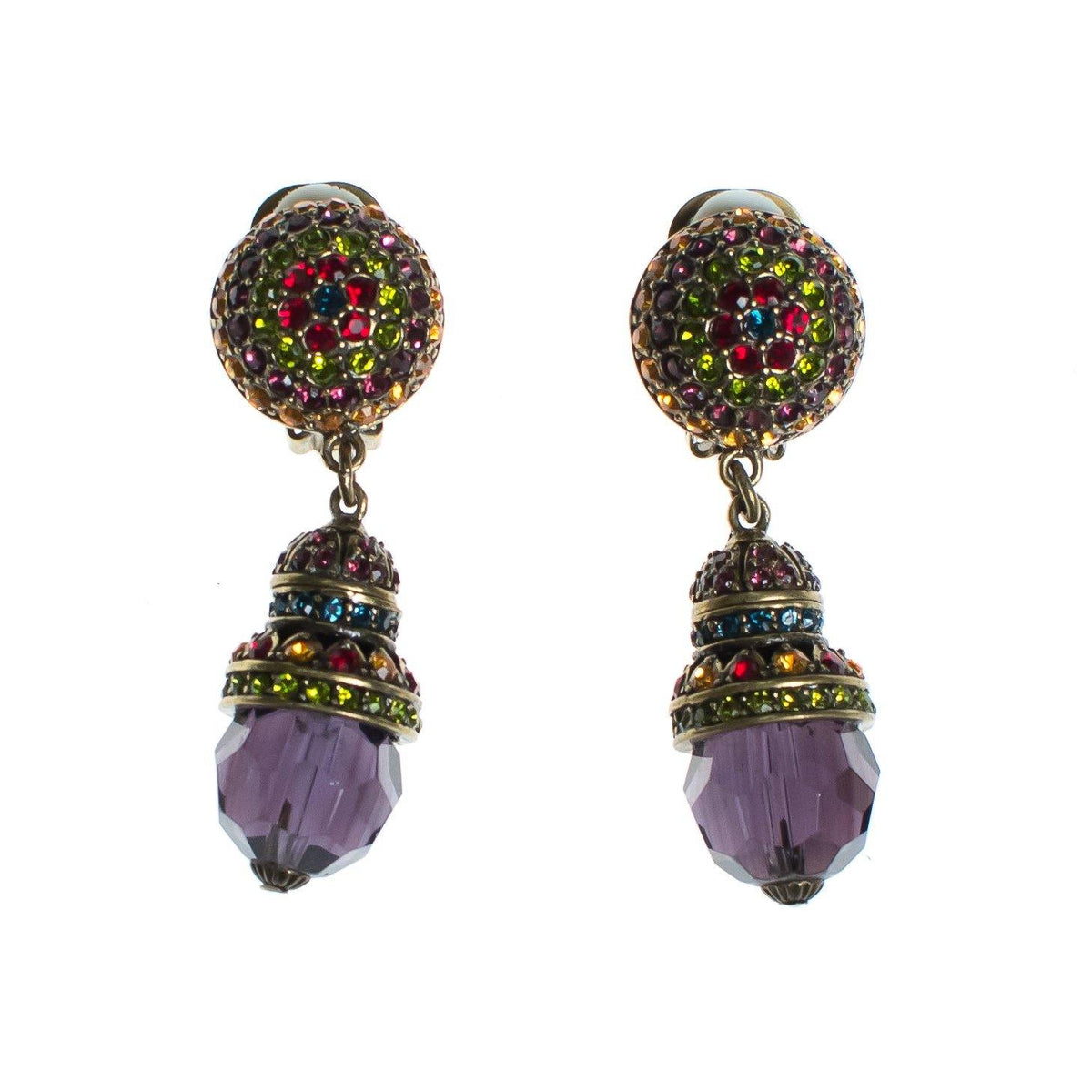 Vintage Heidi Daus Statement Earrings, Blue, Red, Yellow, Purple, and Orange Rhinestones, Dangle Earrings, Gold Tone Setting, Clip-on