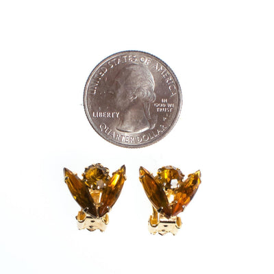 Vintage Petite Gold Rhinestone Earrings, Gold Tone Setting, Clip-on by 1950s - Vintage Meet Modern Vintage Jewelry - Chicago, Illinois - #oldhollywoodglamour #vintagemeetmodern #designervintage #jewelrybox #antiquejewelry #vintagejewelry