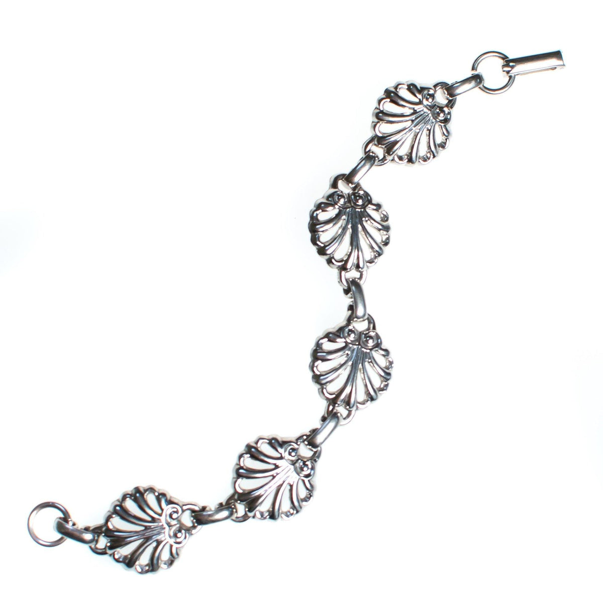 Vintage Retro Mid Century Modern Silver Shell Bracelet, Silver Tone Bracelet, Snap Lock Clasp