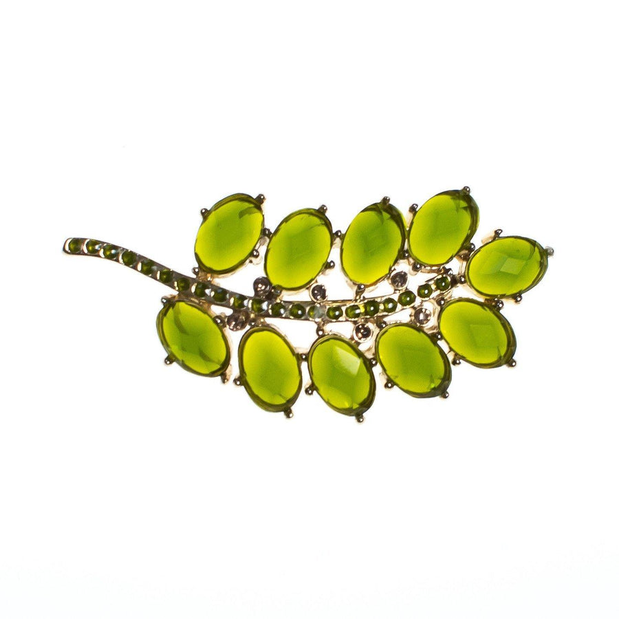 Vintage Olive Green Rhinestone Branch Brooch, Gold Tone Setting, Brooches and Pins by 1960s - Vintage Meet Modern Vintage Jewelry - Chicago, Illinois - #oldhollywoodglamour #vintagemeetmodern #designervintage #jewelrybox #antiquejewelry #vintagejewelry