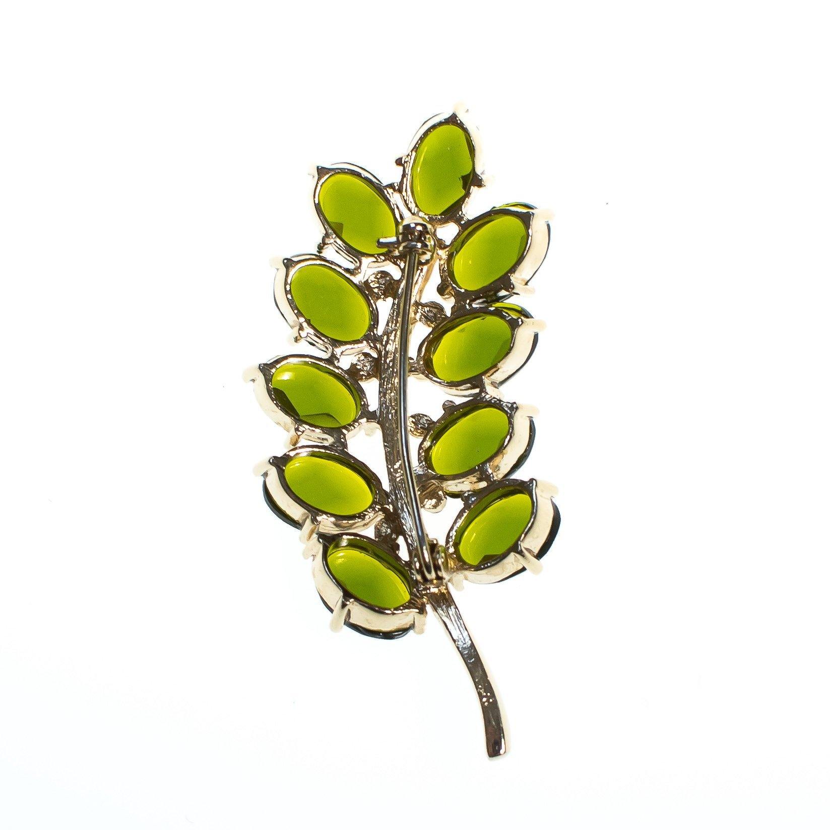 Vintage Olive Green Rhinestone Branch Brooch, Gold Tone Setting, Brooches and Pins by 1960s - Vintage Meet Modern Vintage Jewelry - Chicago, Illinois - #oldhollywoodglamour #vintagemeetmodern #designervintage #jewelrybox #antiquejewelry #vintagejewelry