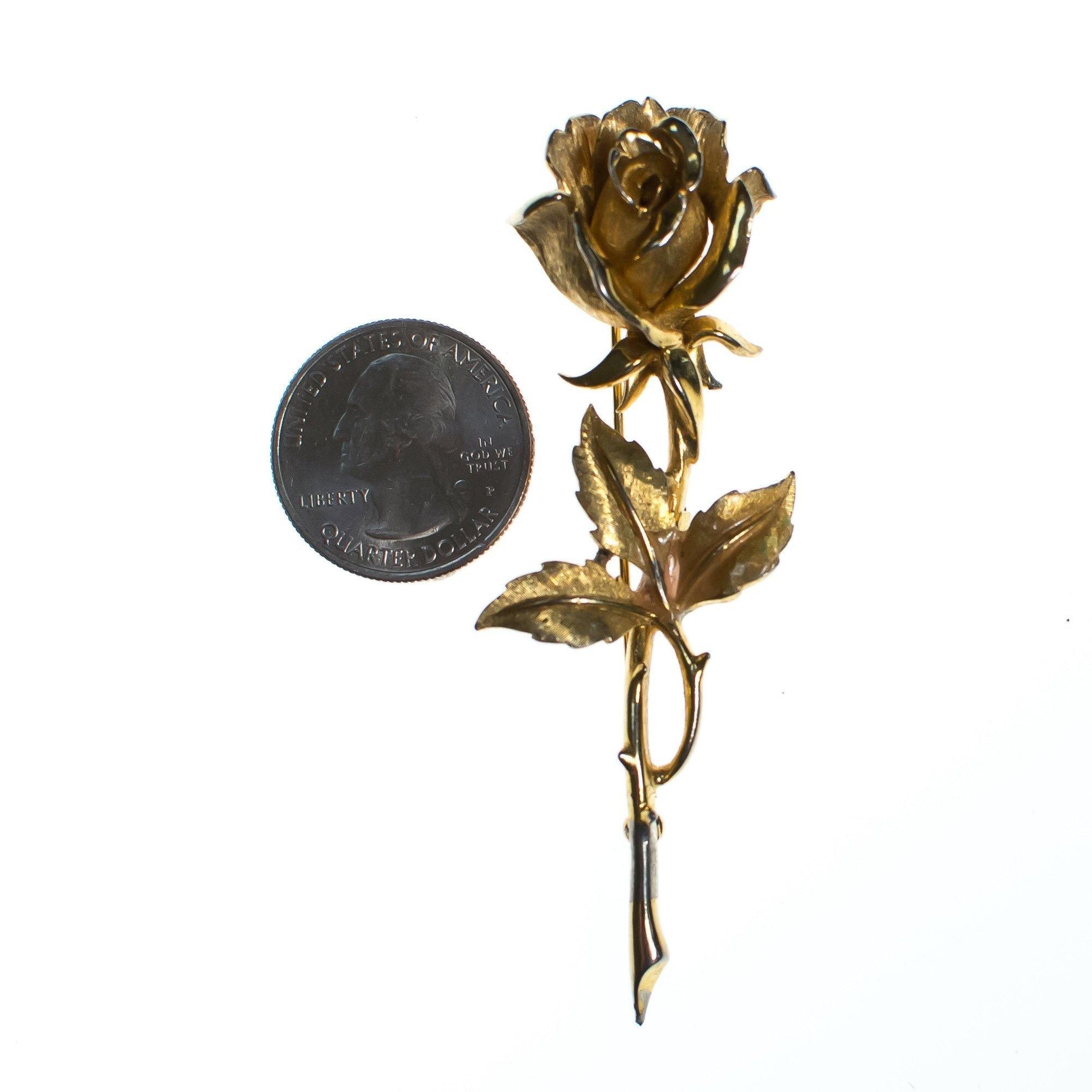 Vintage Boucher Long Stem Gold Rose Brooch, Gold Tone Setting, Brooches and Pins by Boucher - Vintage Meet Modern Vintage Jewelry - Chicago, Illinois - #oldhollywoodglamour #vintagemeetmodern #designervintage #jewelrybox #antiquejewelry #vintagejewelry
