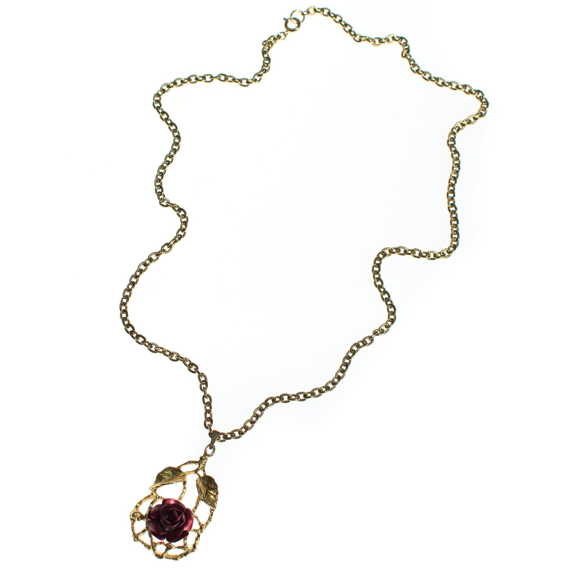 Vintage Red Rose and Gold Pendant Necklace by 1950s - Vintage Meet Modern Vintage Jewelry - Chicago, Illinois - #oldhollywoodglamour #vintagemeetmodern #designervintage #jewelrybox #antiquejewelry #vintagejewelry