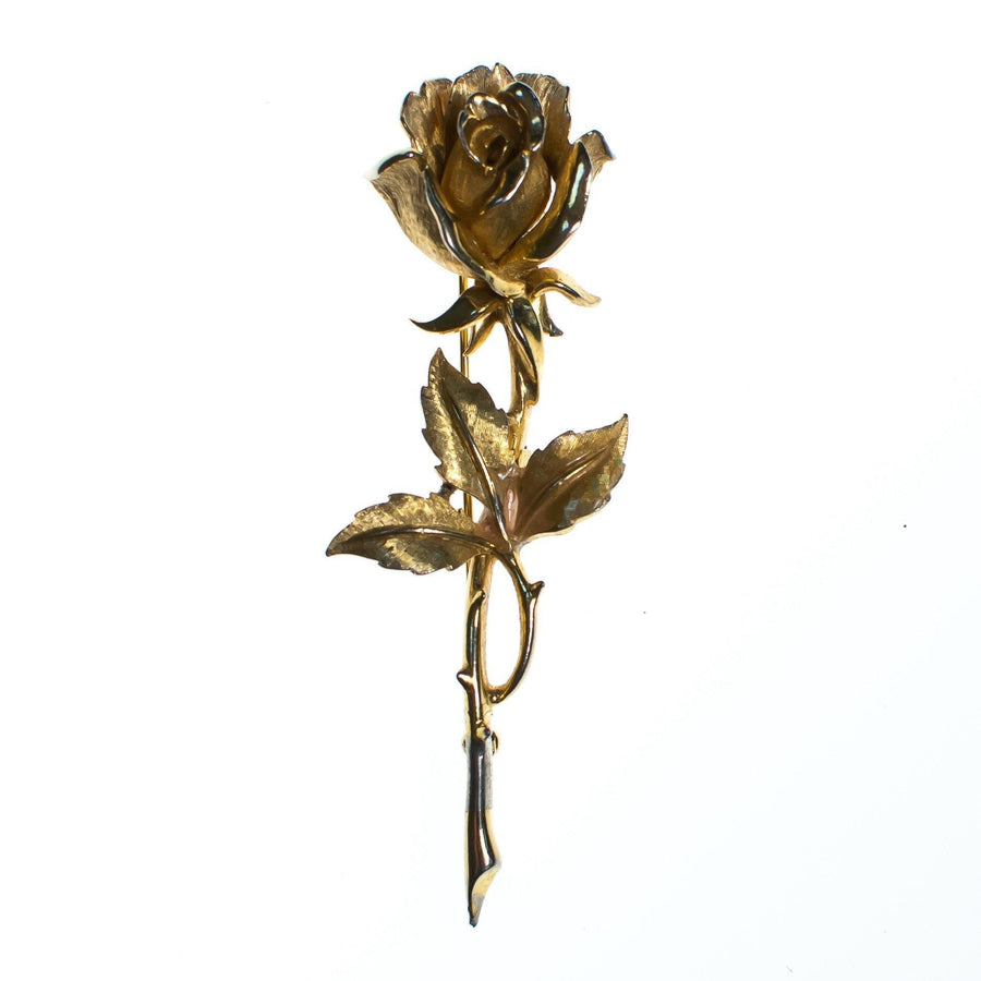 Vintage Boucher Long Stem Gold Rose Brooch, Gold Tone Setting, Brooches and Pins by Boucher - Vintage Meet Modern Vintage Jewelry - Chicago, Illinois - #oldhollywoodglamour #vintagemeetmodern #designervintage #jewelrybox #antiquejewelry #vintagejewelry