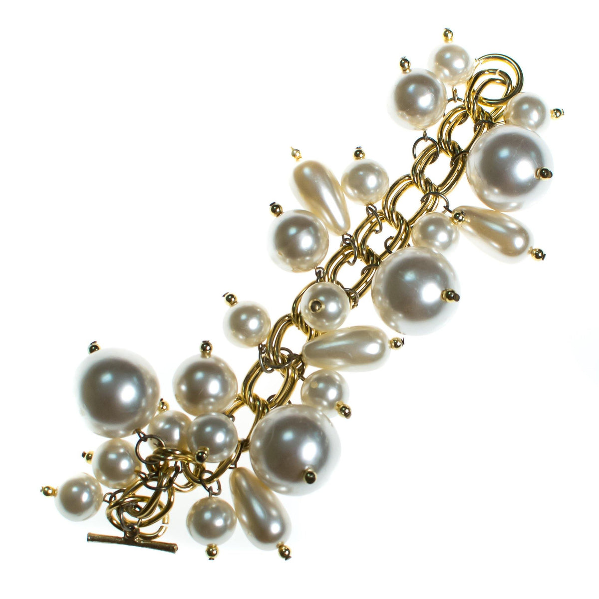 Vintage 1960s Huge Pearl Bauble Charm Bracelet Bracelet, Gold Tone Setting, Round and Tear Drop Faux Pearls, Toggle Clasp