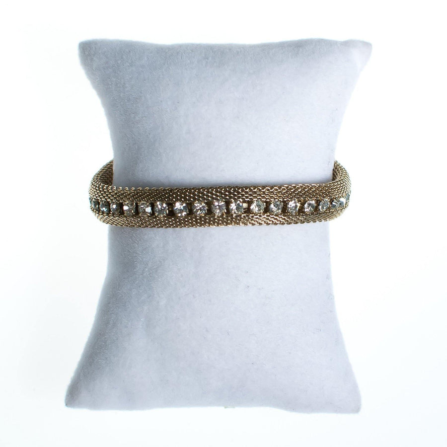 Vintage 1960s Gold Mesh Bracelet with Rhinestones Bracelet, Diamante Crystals, Snap Lock Clasp by 1960s - Vintage Meet Modern Vintage Jewelry - Chicago, Illinois - #oldhollywoodglamour #vintagemeetmodern #designervintage #jewelrybox #antiquejewelry #vintagejewelry