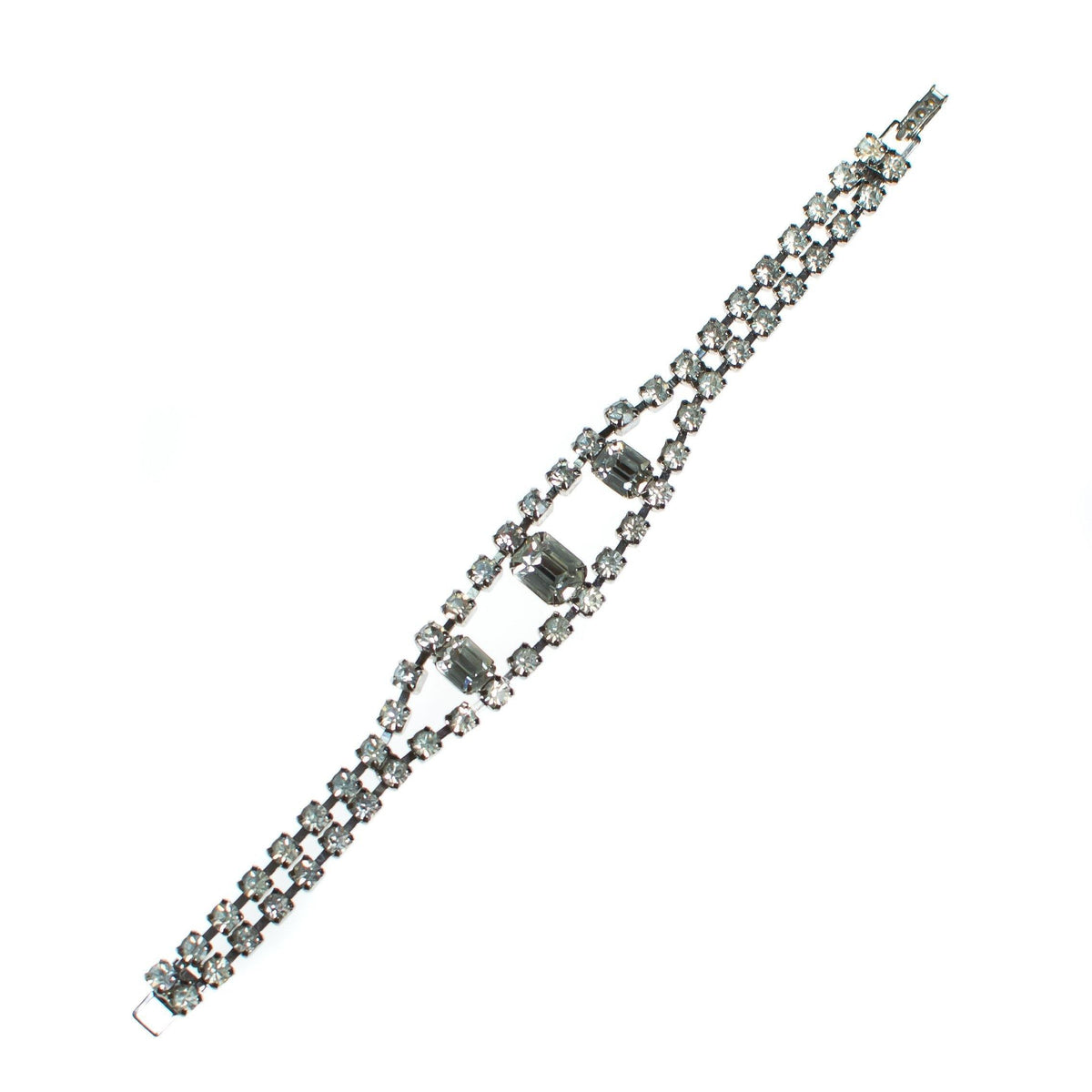 Vintage Art Deco Diamante Rhinestone Crystal Bracelet, Silver Tone Setting, Snap Lock Clasp