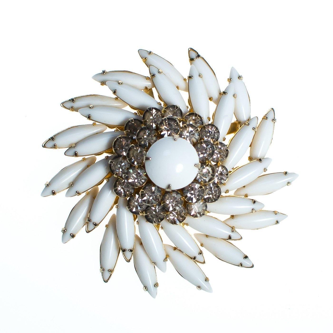 Vintage Milk Glass and Diamante Rhinestone Brooch, Pendant by 1950s - Vintage Meet Modern Vintage Jewelry - Chicago, Illinois - #oldhollywoodglamour #vintagemeetmodern #designervintage #jewelrybox #antiquejewelry #vintagejewelry