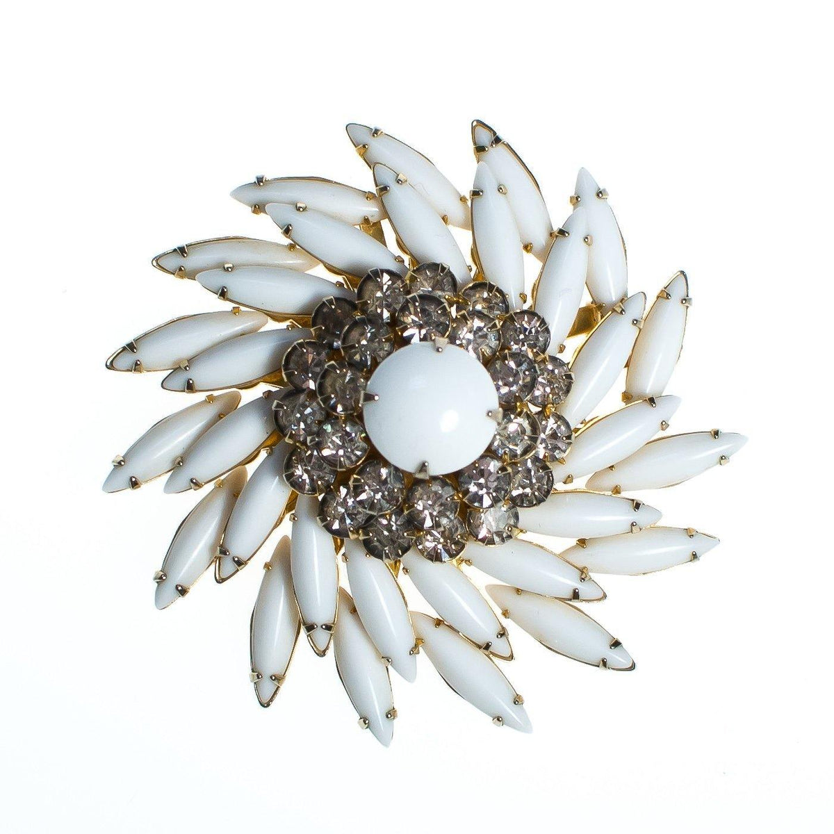 Vintage Milk Glass and Diamante Rhinestone Brooch, Pendant