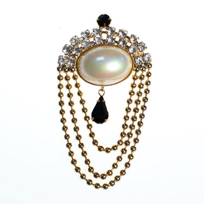 Vintage 1960s Iridescent Pearl Jet Crystal and Swag Chain Brooch, Faux Pearl, Diamante Crystals, Black Rhinestones, Gold Tone Bead Dangle by 1960s - Vintage Meet Modern Vintage Jewelry - Chicago, Illinois - #oldhollywoodglamour #vintagemeetmodern #designervintage #jewelrybox #antiquejewelry #vintagejewelry
