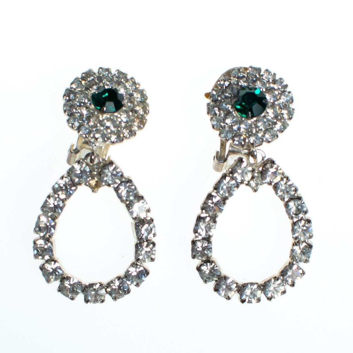 Vintage 1960s Diamante and Emerald Crystal Drop Statement Earrings, Diamante Crystals, Green Rhinestone, Clip-on