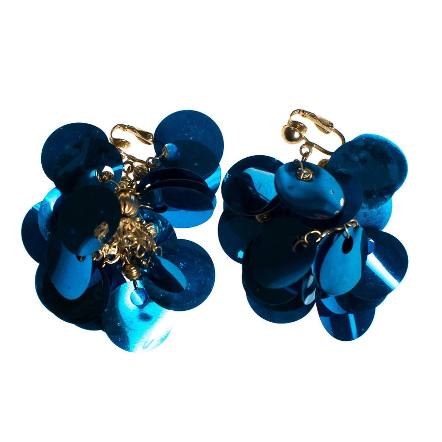 Vintage Teal Blue Sequin Earrings, Dangle, Gold Tone Setting, Clip-on by 1960s - Vintage Meet Modern Vintage Jewelry - Chicago, Illinois - #oldhollywoodglamour #vintagemeetmodern #designervintage #jewelrybox #antiquejewelry #vintagejewelry