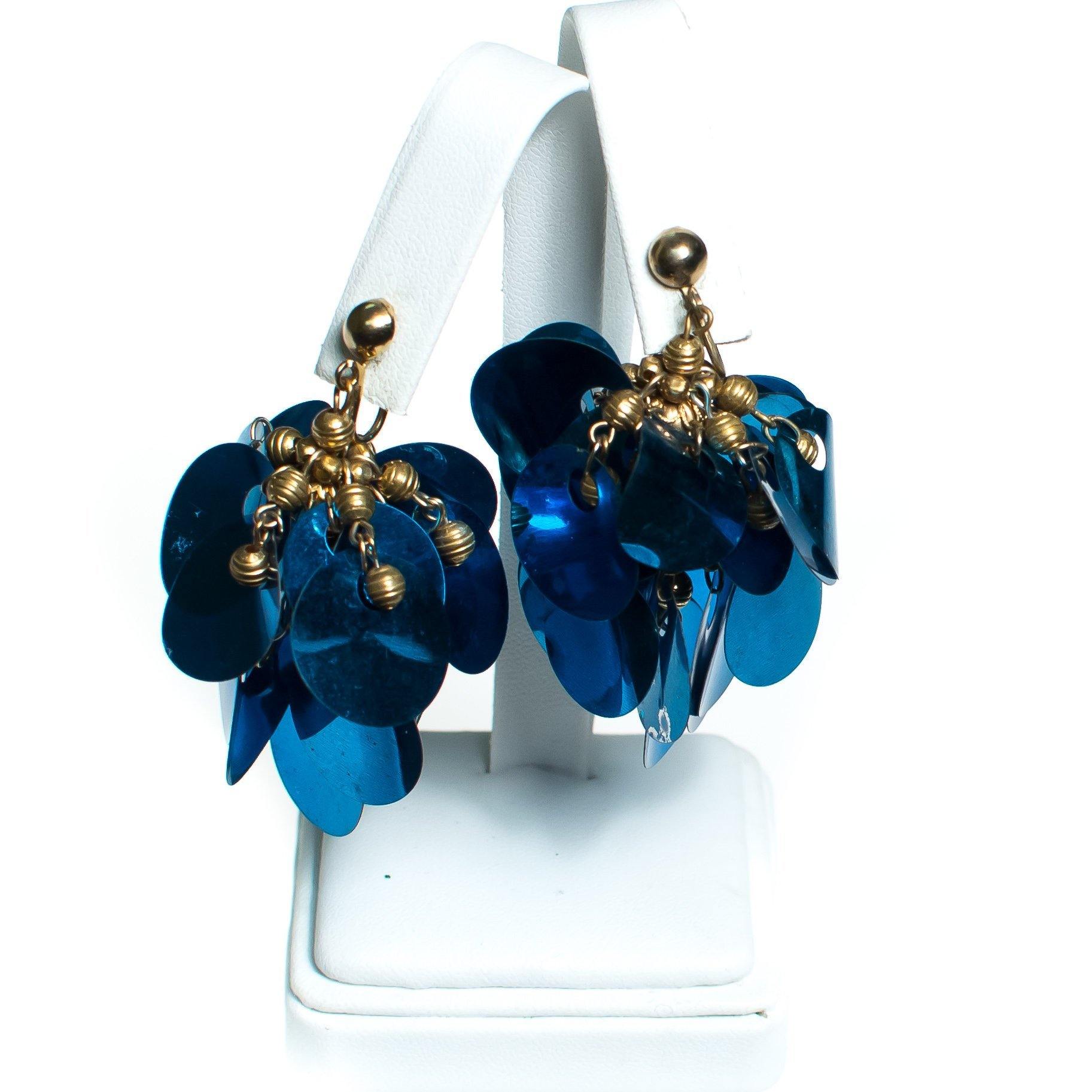 Vintage Teal Blue Sequin Earrings, Dangle, Gold Tone Setting, Clip-on by 1960s - Vintage Meet Modern Vintage Jewelry - Chicago, Illinois - #oldhollywoodglamour #vintagemeetmodern #designervintage #jewelrybox #antiquejewelry #vintagejewelry