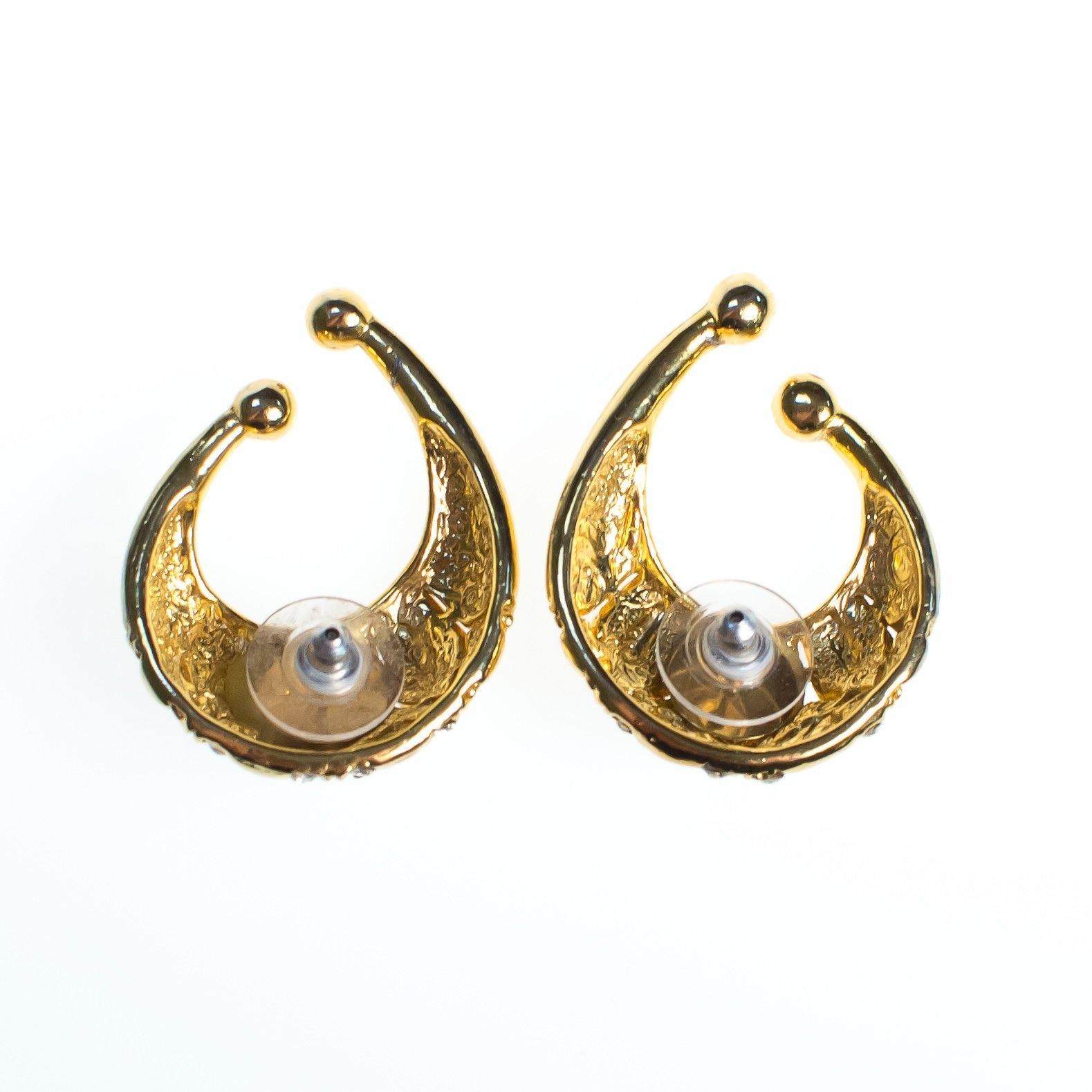 Vintage Gold Etruscan Inspired Loop Earrings, Diamante Crystals, Gold Tone, Pierced by 1980s - Vintage Meet Modern Vintage Jewelry - Chicago, Illinois - #oldhollywoodglamour #vintagemeetmodern #designervintage #jewelrybox #antiquejewelry #vintagejewelry