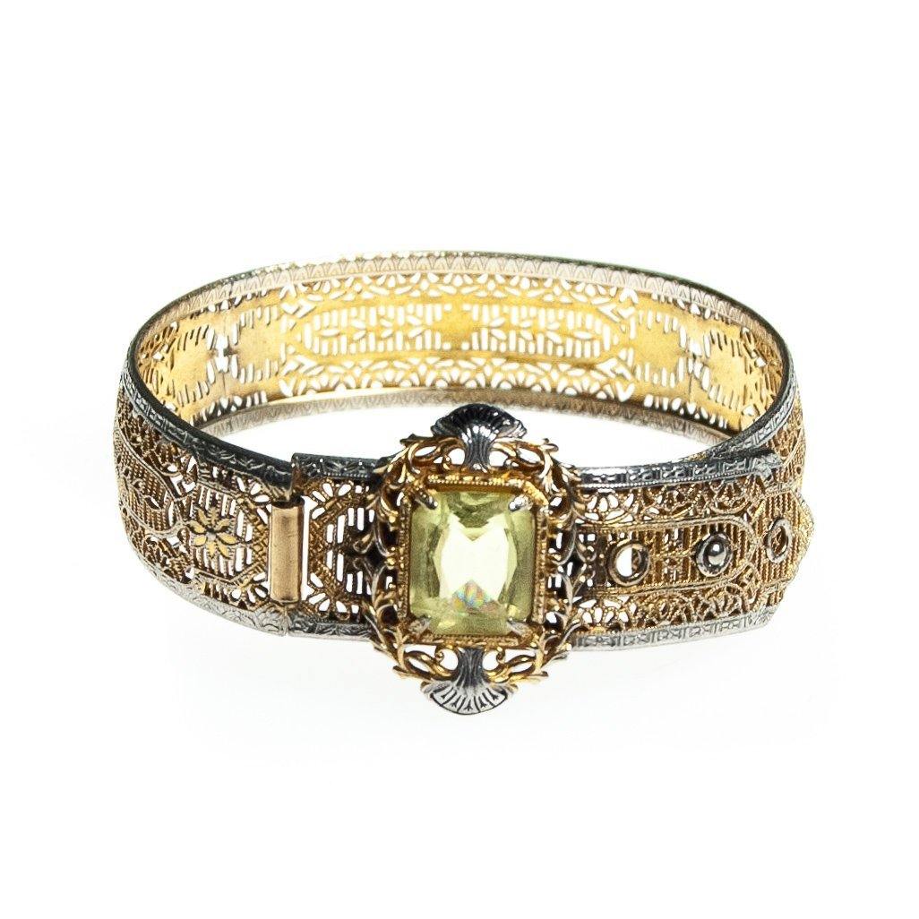 Vintage Edwardian Filigree Bracelet with Lemon Citrine Crystal Gold and Silver with a Buckle Clasp