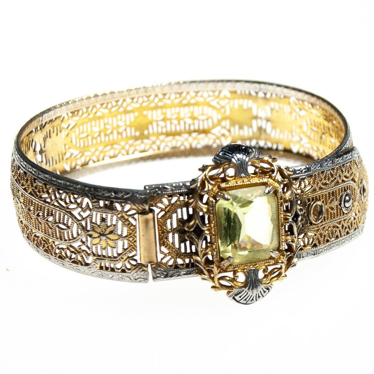 Vintage Edwardian Filigree Bracelet with Lemon Citrine Crystal Gold and Silver with a Buckle Clasp by Edwardian - Vintage Meet Modern Vintage Jewelry - Chicago, Illinois - #oldhollywoodglamour #vintagemeetmodern #designervintage #jewelrybox #antiquejewelry #vintagejewelry