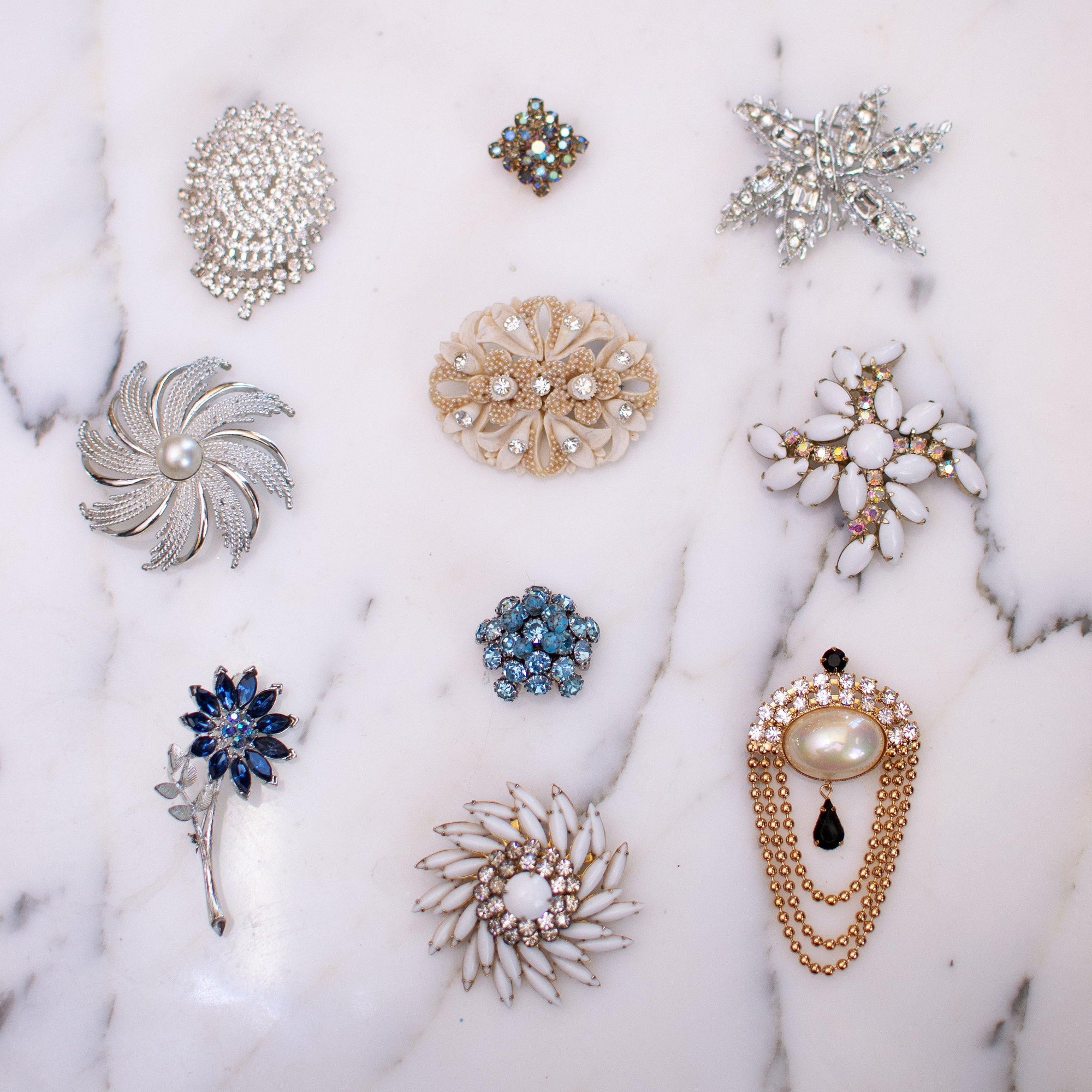 Vintage Milk Glass and Diamante Rhinestone Brooch, Pendant by 1950s - Vintage Meet Modern Vintage Jewelry - Chicago, Illinois - #oldhollywoodglamour #vintagemeetmodern #designervintage #jewelrybox #antiquejewelry #vintagejewelry