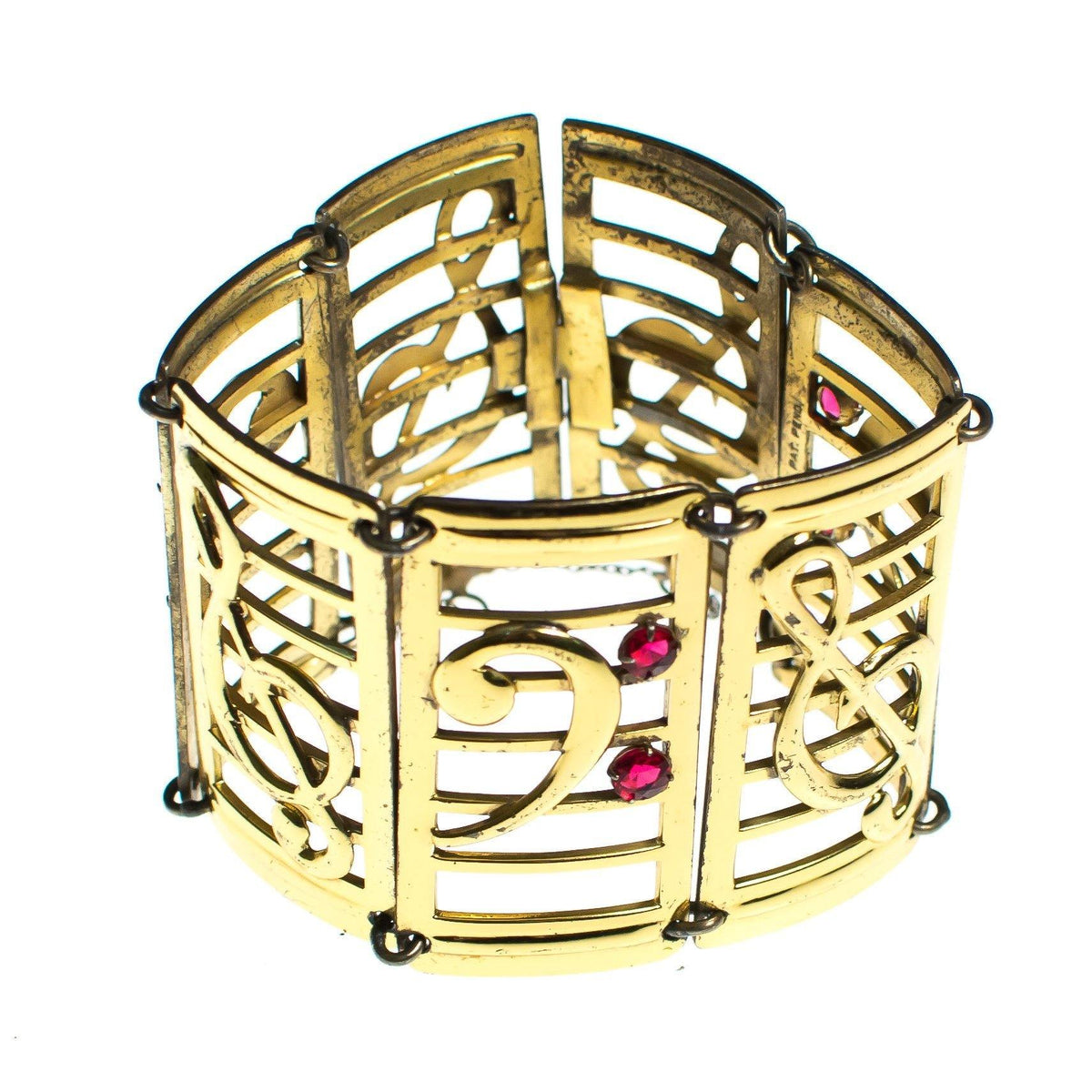 Vintage 1940s Gold and Sterling Silver Wide Panel Music Note Bracelet with Red Rhinestones