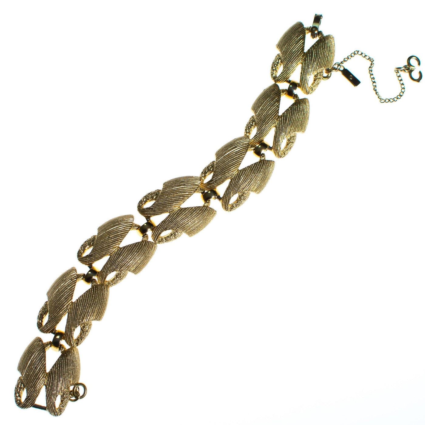 Vintage Monet Mid Century Modern Double Link Bracelet, Brushed Gold Tone, Safety Chain, Snap Lock Clasp