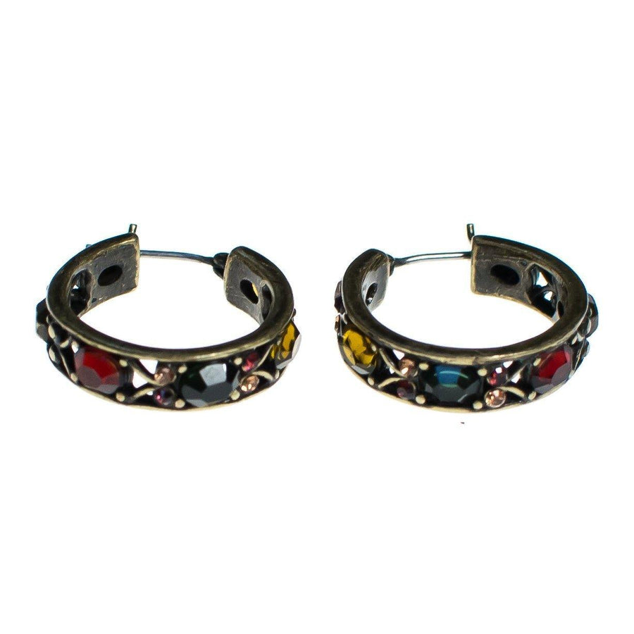 Vintage Hoop Earrings with Red, Green, Yellow, and Gold Rhinestones, Gold Tone Setting by 1980s - Vintage Meet Modern Vintage Jewelry - Chicago, Illinois - #oldhollywoodglamour #vintagemeetmodern #designervintage #jewelrybox #antiquejewelry #vintagejewelry