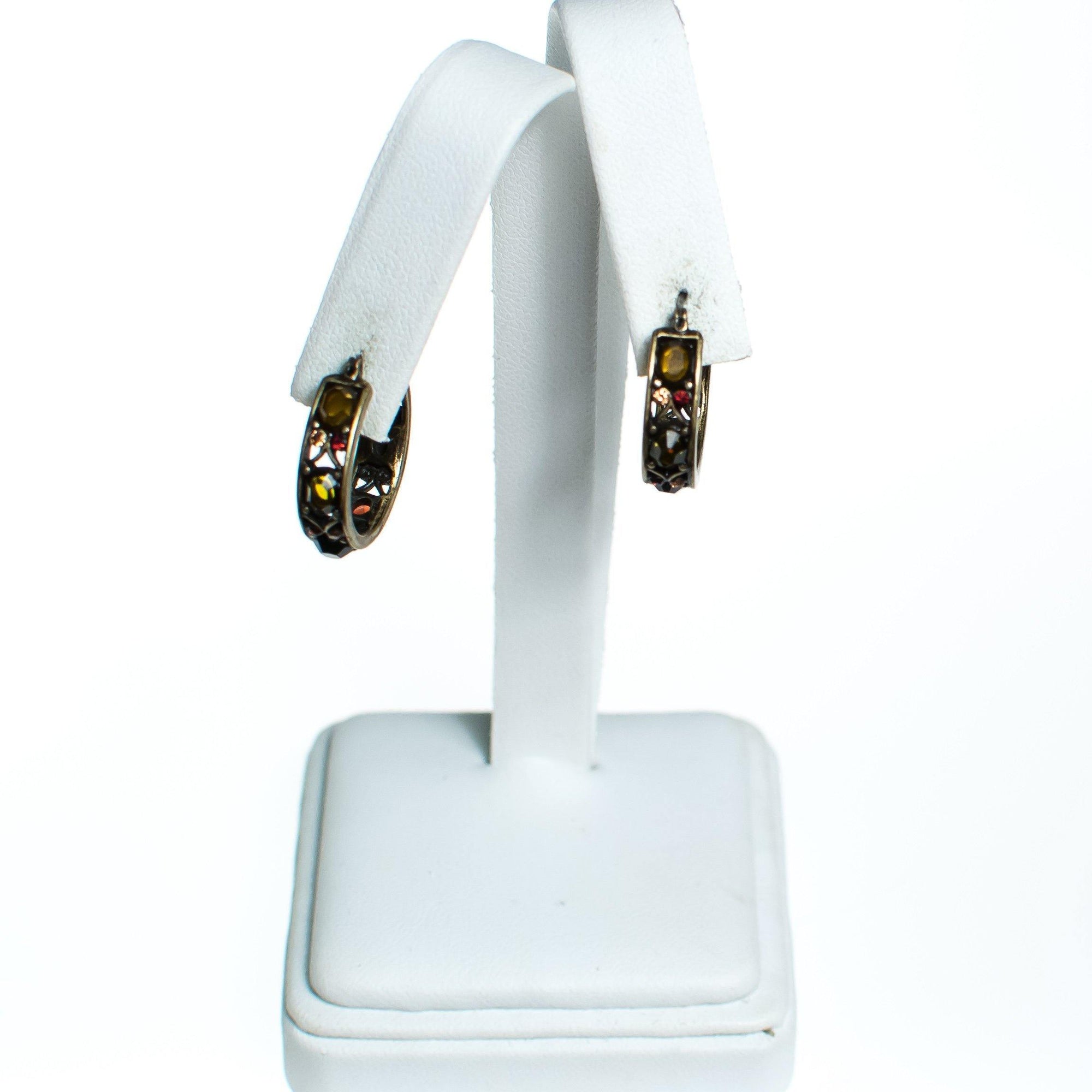 Vintage Hoop Earrings with Red, Green, Yellow, and Gold Rhinestones, Gold Tone Setting by 1980s - Vintage Meet Modern Vintage Jewelry - Chicago, Illinois - #oldhollywoodglamour #vintagemeetmodern #designervintage #jewelrybox #antiquejewelry #vintagejewelry