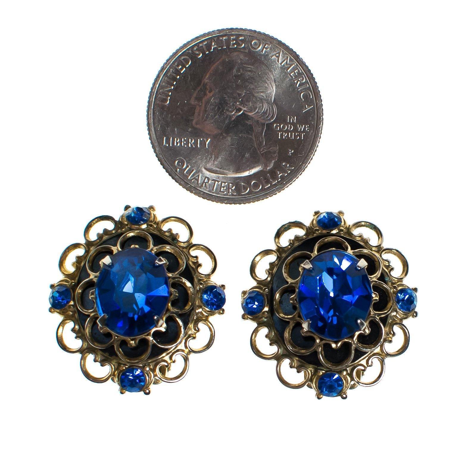 Vintage Sapphire Blue Rhinestones Statement Earrings, Silver Tone Setting, Clip-on Earrings by 1960s - Vintage Meet Modern Vintage Jewelry - Chicago, Illinois - #oldhollywoodglamour #vintagemeetmodern #designervintage #jewelrybox #antiquejewelry #vintagejewelry