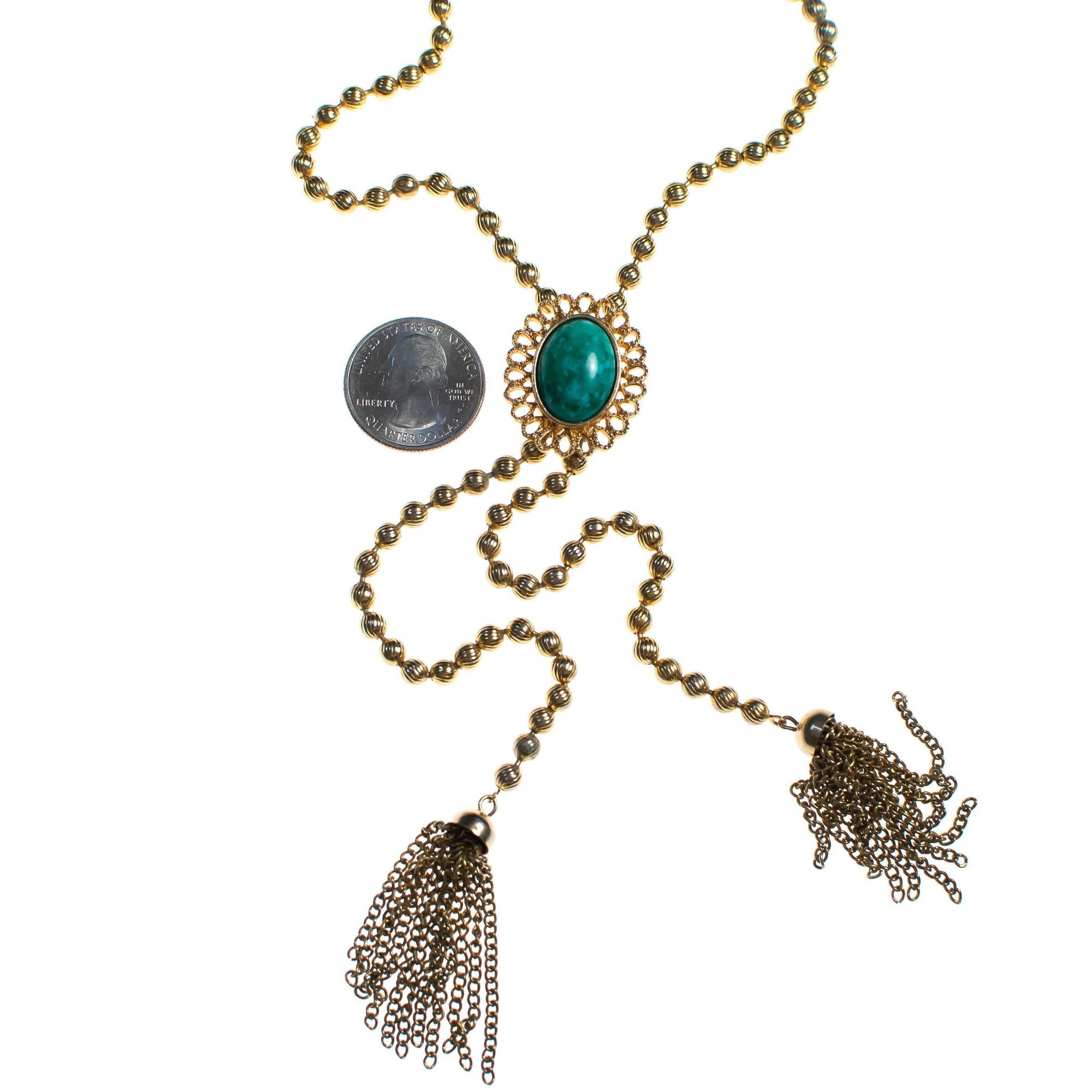 Vintage Avon Necklace Faux Jade Green Cabochon Tassel Lariat Necklace by 1960s - Vintage Meet Modern Vintage Jewelry - Chicago, Illinois - #oldhollywoodglamour #vintagemeetmodern #designervintage #jewelrybox #antiquejewelry #vintagejewelry