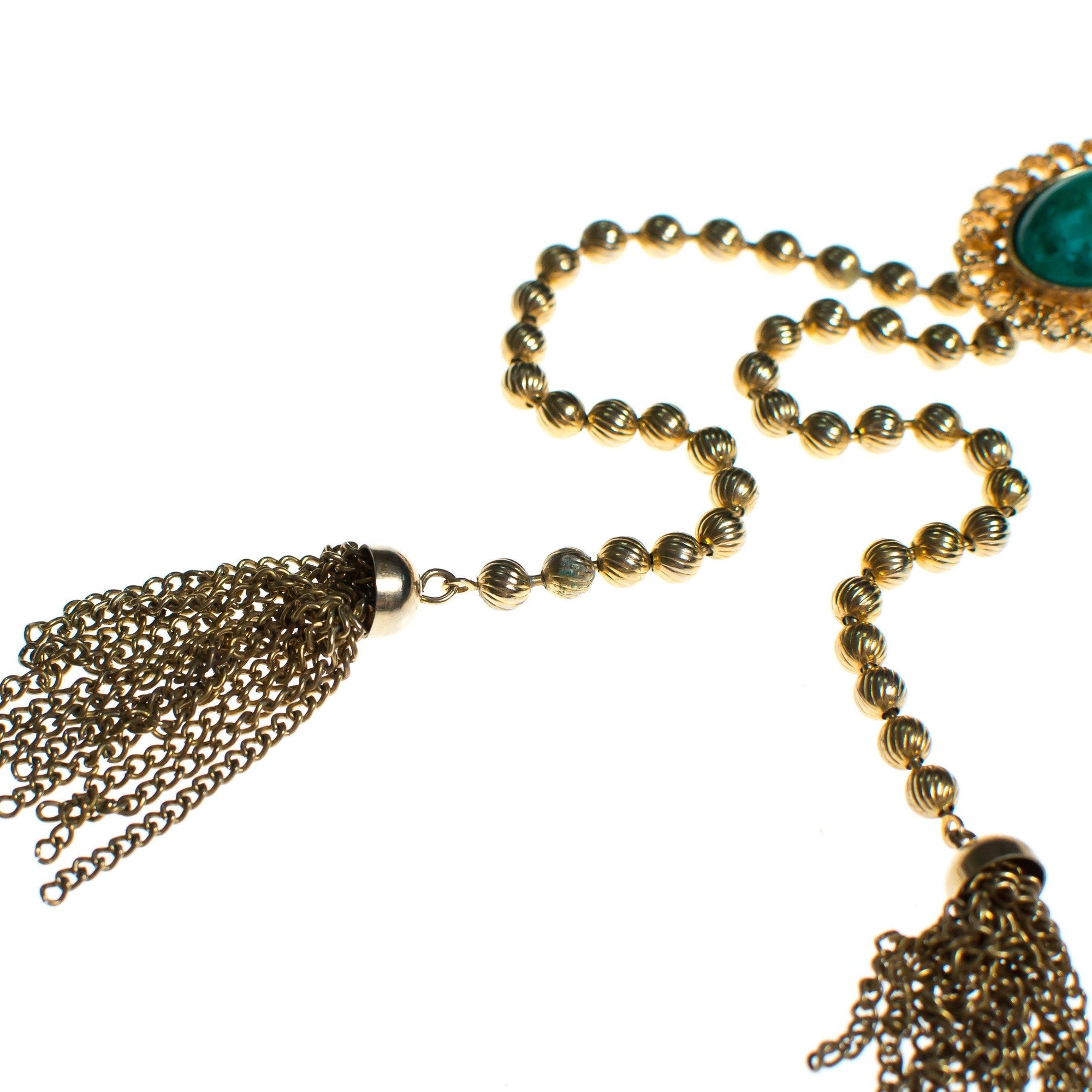 Vintage Avon Necklace Faux Jade Green Cabochon Tassel Lariat Necklace by 1960s - Vintage Meet Modern Vintage Jewelry - Chicago, Illinois - #oldhollywoodglamour #vintagemeetmodern #designervintage #jewelrybox #antiquejewelry #vintagejewelry