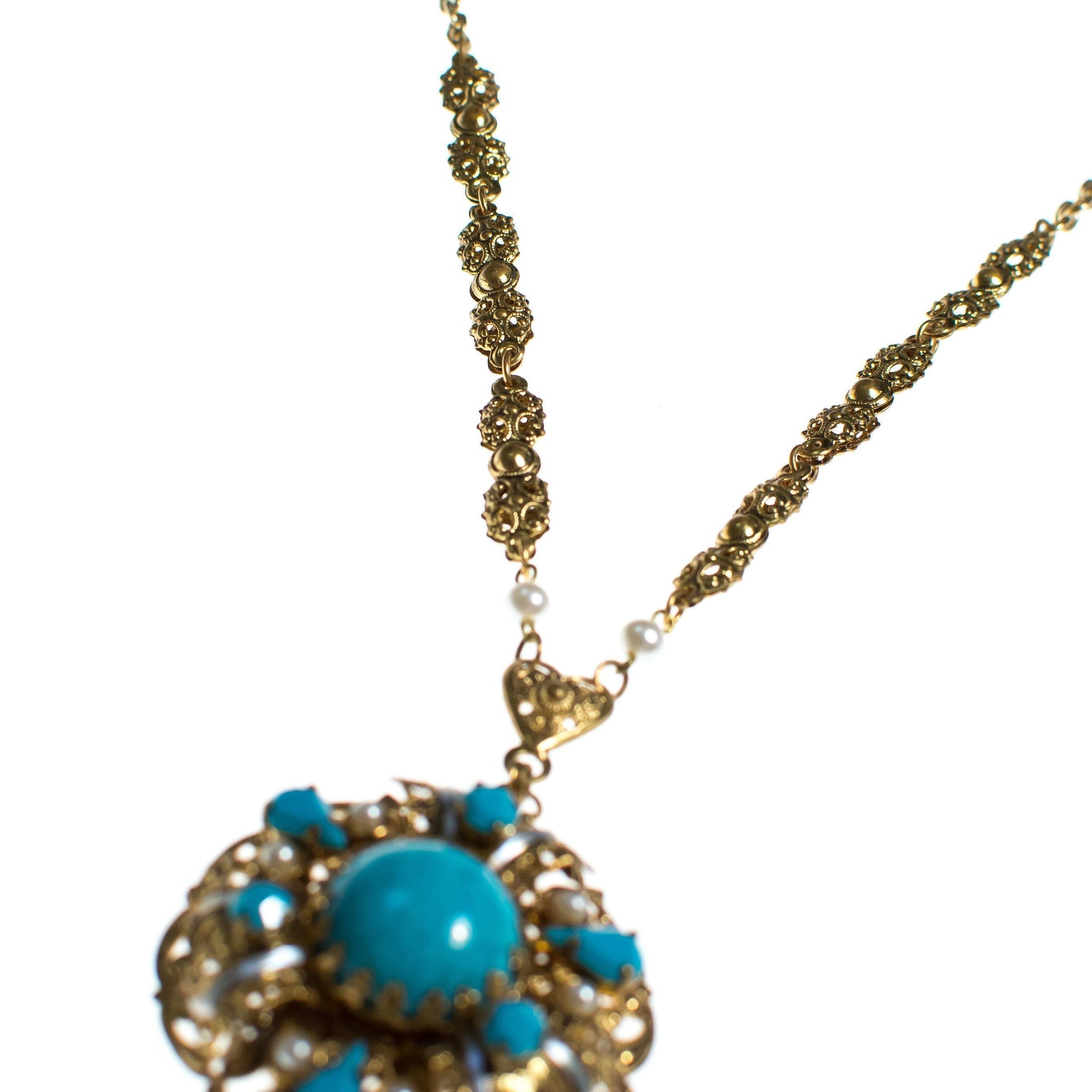 Vintage West Germany Gold Filigree and Turquoise Glass Pendant Necklace by 1950s - Vintage Meet Modern Vintage Jewelry - Chicago, Illinois - #oldhollywoodglamour #vintagemeetmodern #designervintage #jewelrybox #antiquejewelry #vintagejewelry