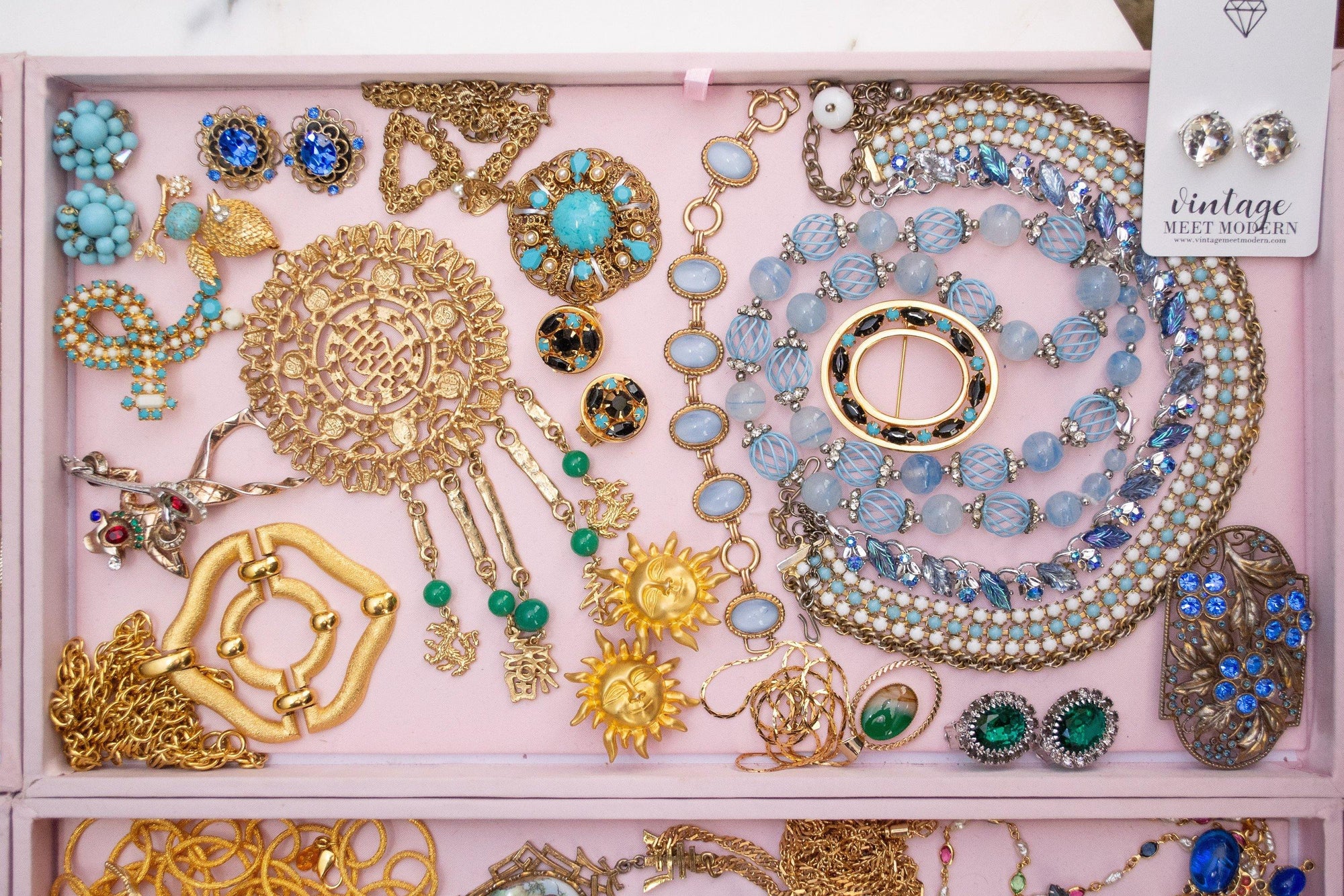 Vintage West Germany Gold Filigree and Turquoise Glass Pendant Necklace by 1950s - Vintage Meet Modern Vintage Jewelry - Chicago, Illinois - #oldhollywoodglamour #vintagemeetmodern #designervintage #jewelrybox #antiquejewelry #vintagejewelry