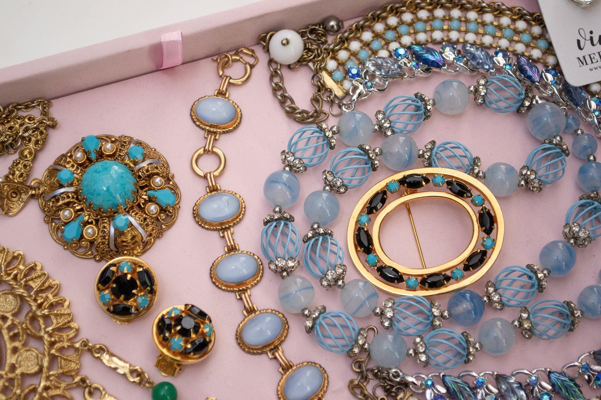 Vintage West Germany Gold Filigree and Turquoise Glass Pendant Necklace by 1950s - Vintage Meet Modern Vintage Jewelry - Chicago, Illinois - #oldhollywoodglamour #vintagemeetmodern #designervintage #jewelrybox #antiquejewelry #vintagejewelry