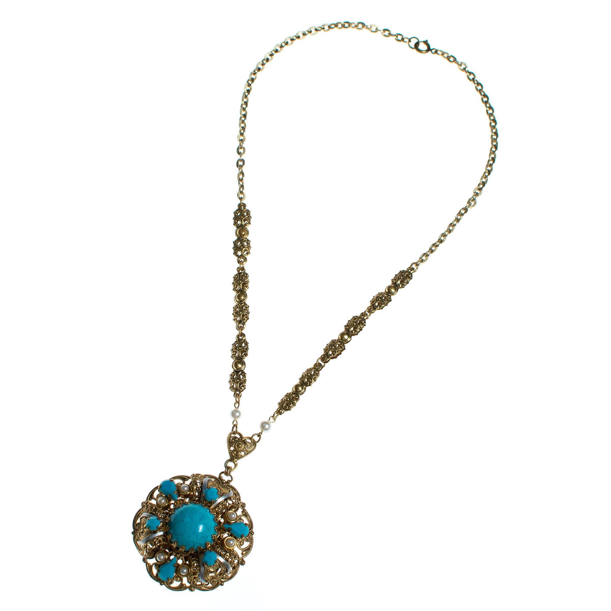 Vintage West Germany Gold Filigree and Turquoise Glass Pendant Necklace
