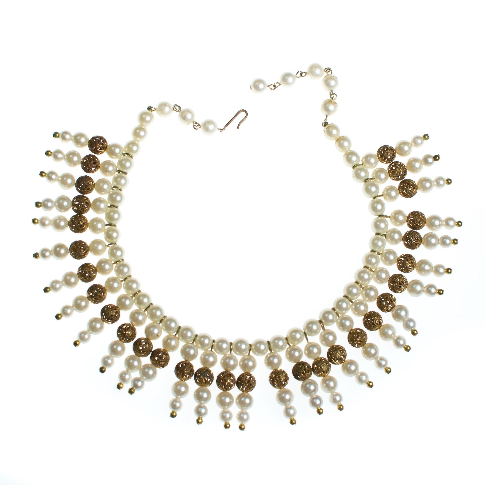 Vintage 1940s Pearl and Gold Filigree Bib Statement Necklace by 1940s - Vintage Meet Modern Vintage Jewelry - Chicago, Illinois - #oldhollywoodglamour #vintagemeetmodern #designervintage #jewelrybox #antiquejewelry #vintagejewelry