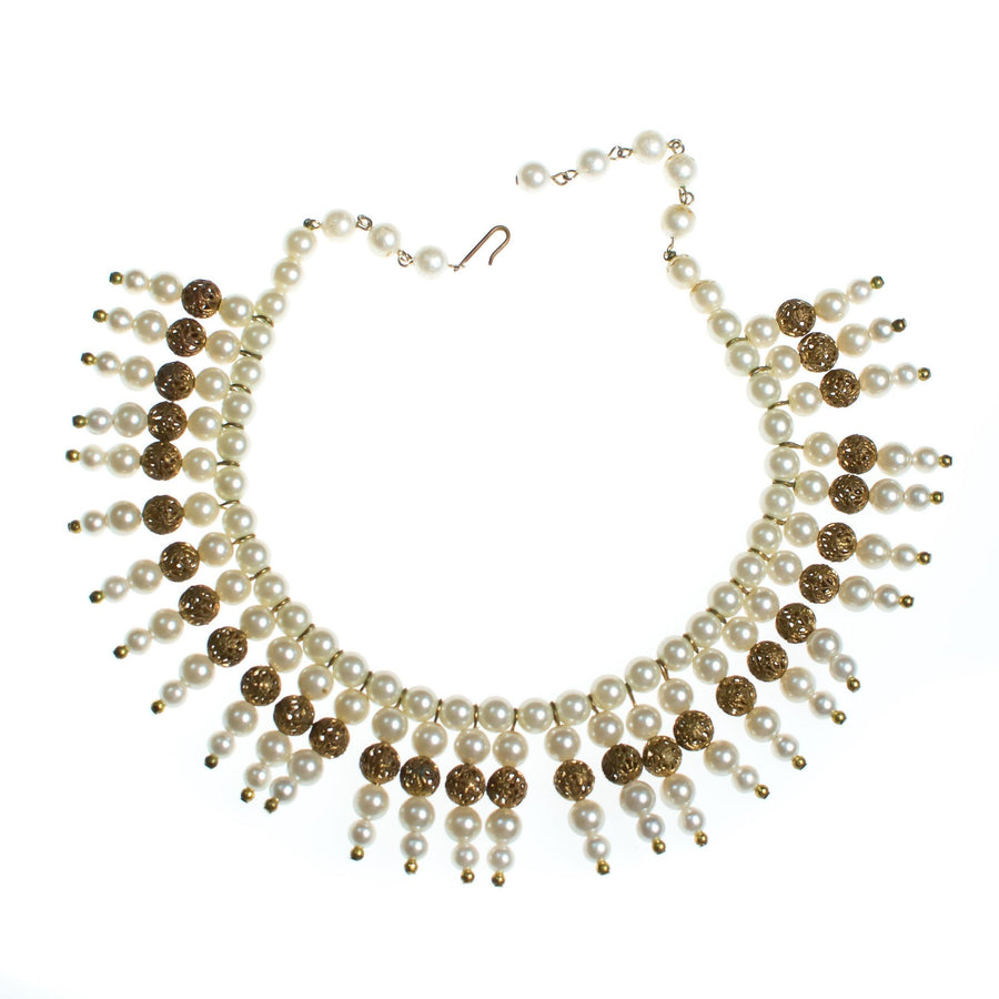 Vintage 1940s Pearl and Gold Filigree Bib Statement Necklace by 1940s - Vintage Meet Modern Vintage Jewelry - Chicago, Illinois - #oldhollywoodglamour #vintagemeetmodern #designervintage #jewelrybox #antiquejewelry #vintagejewelry