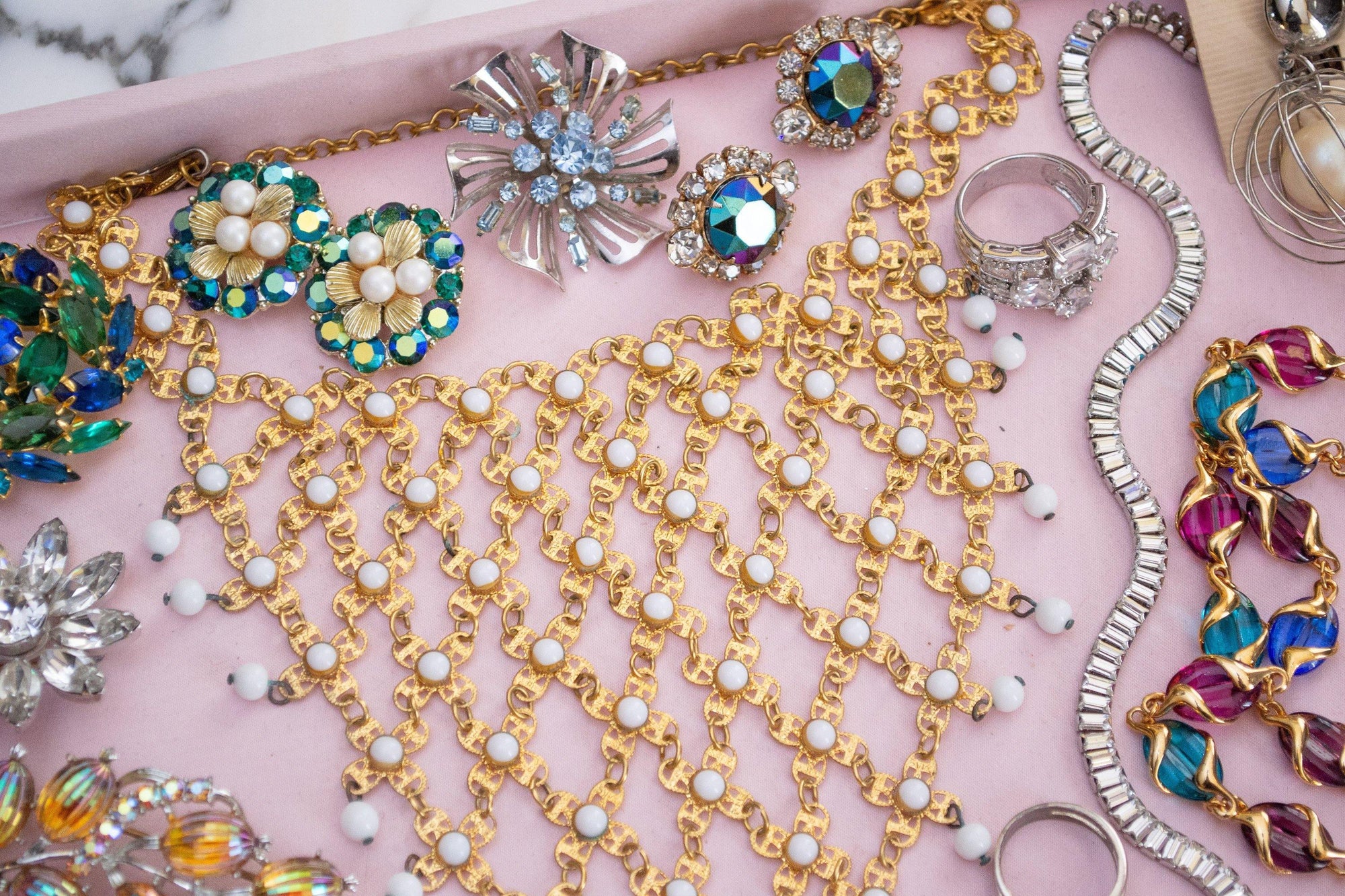 Vintage Huge Gold Filigree and White Milk Glass Bead Bib Statement Necklace by 1960s - Vintage Meet Modern Vintage Jewelry - Chicago, Illinois - #oldhollywoodglamour #vintagemeetmodern #designervintage #jewelrybox #antiquejewelry #vintagejewelry