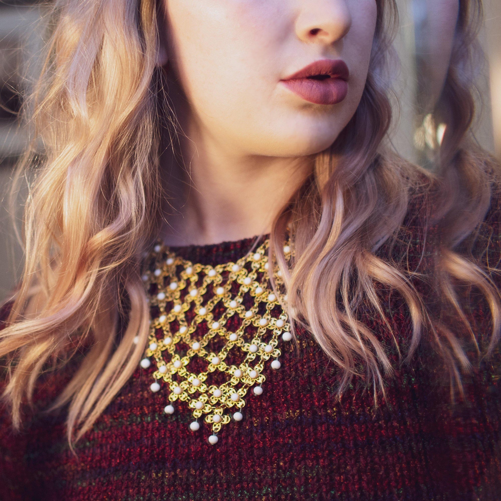 Vintage Huge Gold Filigree and White Milk Glass Bead Bib Statement Necklace by 1960s - Vintage Meet Modern Vintage Jewelry - Chicago, Illinois - #oldhollywoodglamour #vintagemeetmodern #designervintage #jewelrybox #antiquejewelry #vintagejewelry