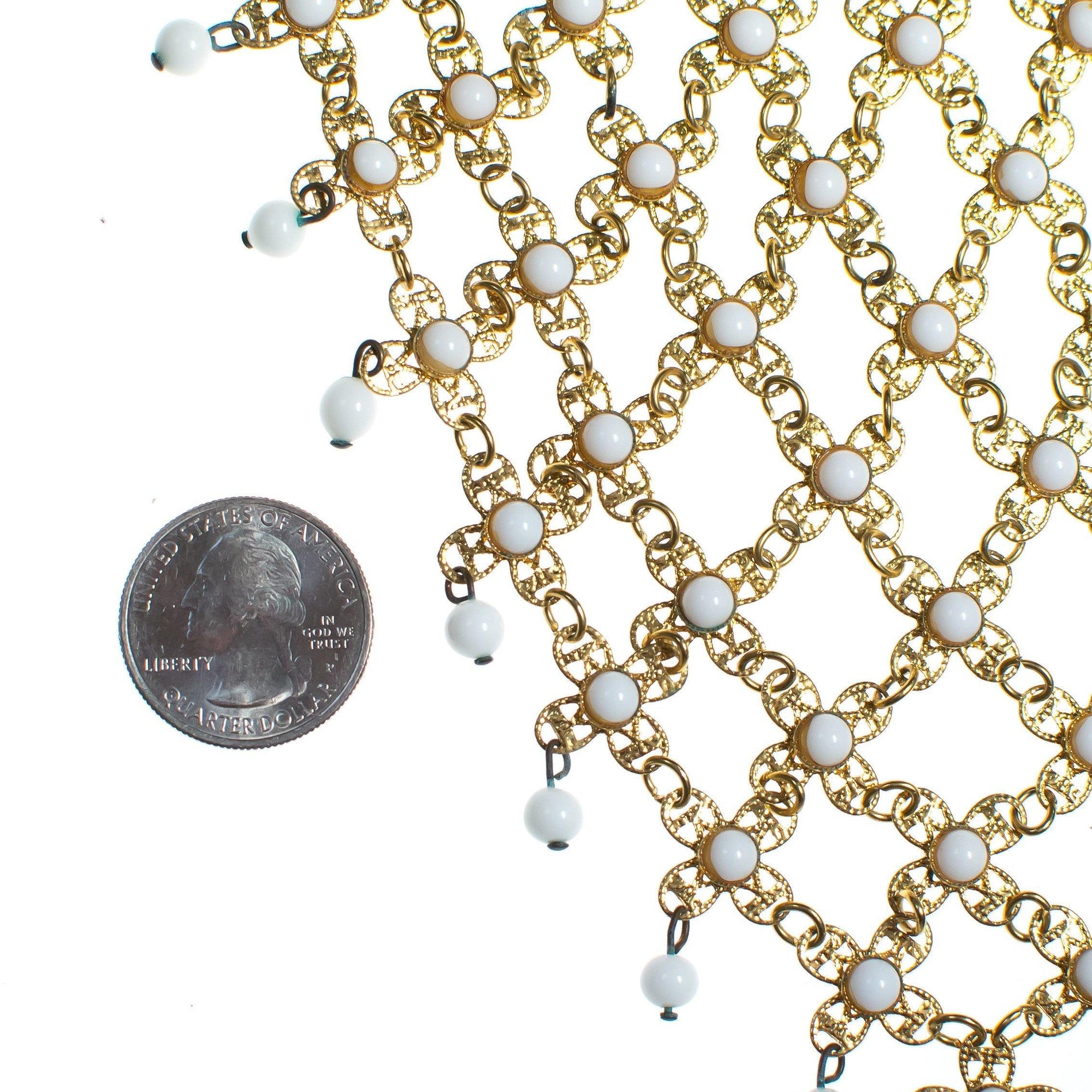 Vintage Huge Gold Filigree and White Milk Glass Bead Bib Statement Necklace by 1960s - Vintage Meet Modern Vintage Jewelry - Chicago, Illinois - #oldhollywoodglamour #vintagemeetmodern #designervintage #jewelrybox #antiquejewelry #vintagejewelry