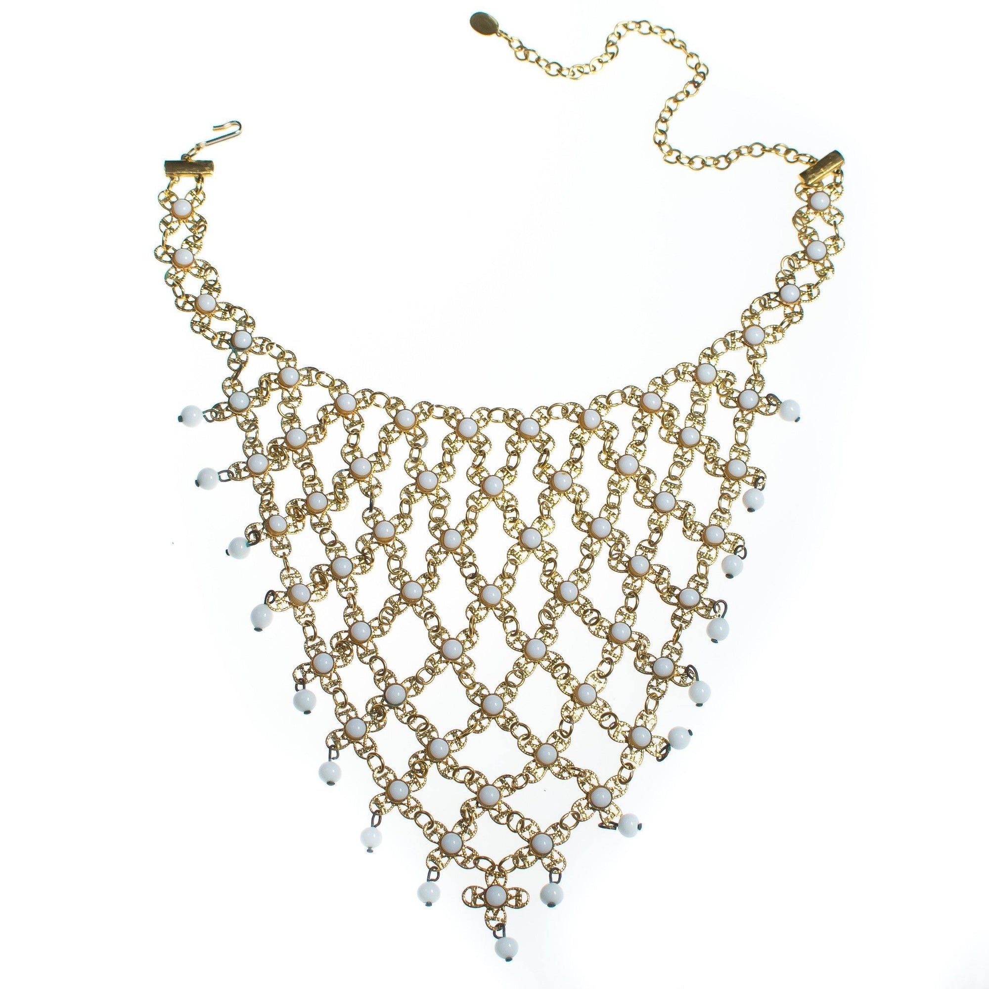 Vintage Huge Gold Filigree and White Milk Glass Bead Bib Statement Necklace by 1960s - Vintage Meet Modern Vintage Jewelry - Chicago, Illinois - #oldhollywoodglamour #vintagemeetmodern #designervintage #jewelrybox #antiquejewelry #vintagejewelry