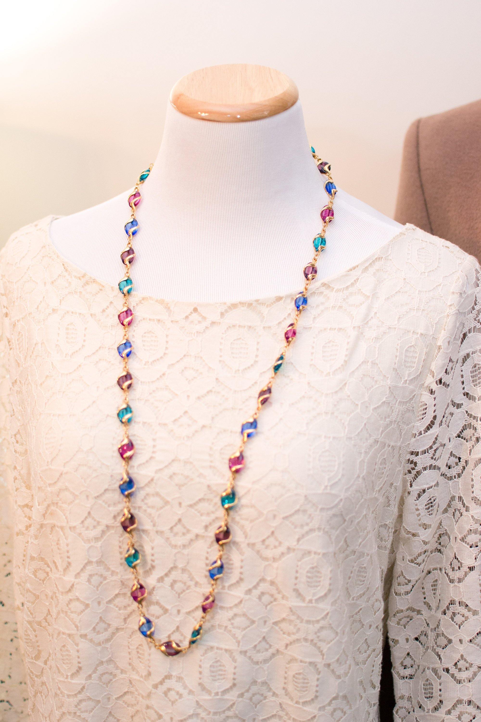 Vintage Swarovski Poured Crystal Jewel Tone Necklace Red Blue and Green by Swarovski - Vintage Meet Modern Vintage Jewelry - Chicago, Illinois - #oldhollywoodglamour #vintagemeetmodern #designervintage #jewelrybox #antiquejewelry #vintagejewelry