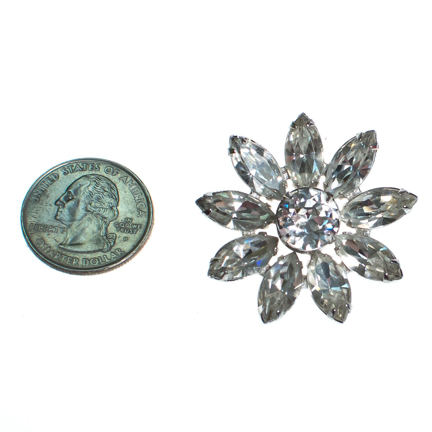 Vintage Diamante Rhinestone Flower Brooch, Silver Tone Setting, Brooches and Pins by Art Deco - Vintage Meet Modern Vintage Jewelry - Chicago, Illinois - #oldhollywoodglamour #vintagemeetmodern #designervintage #jewelrybox #antiquejewelry #vintagejewelry