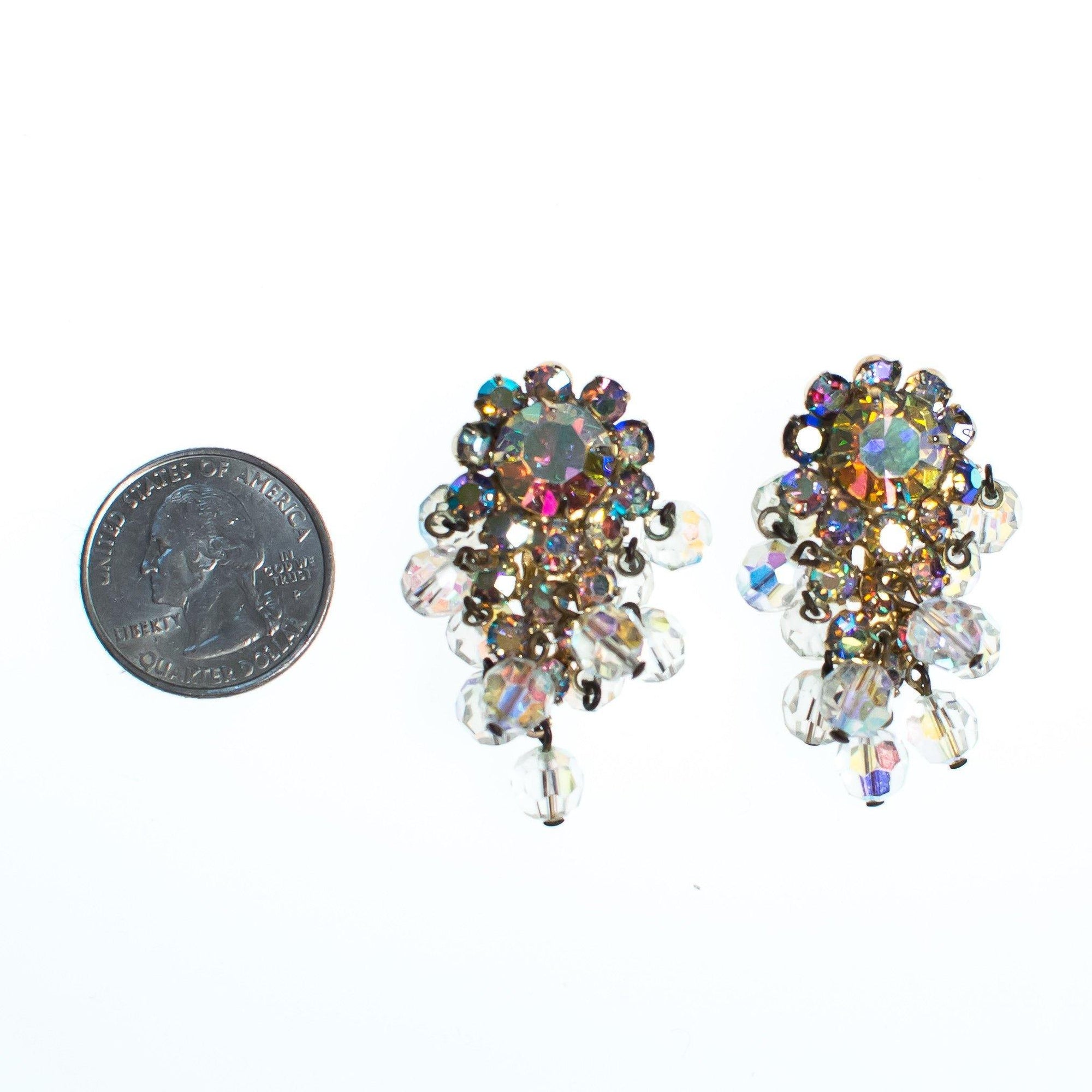 Vintage Juliana Aurora Borealis Crystal Beaded Statement Earrings, Clip On by Juliana - Vintage Meet Modern Vintage Jewelry - Chicago, Illinois - #oldhollywoodglamour #vintagemeetmodern #designervintage #jewelrybox #antiquejewelry #vintagejewelry